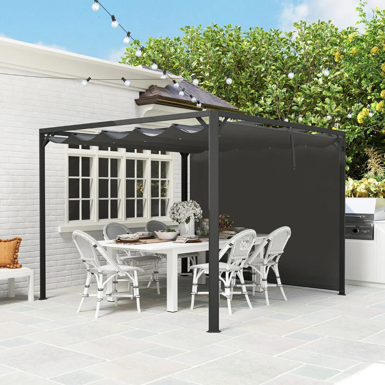 3 x 3m Metal Pergola with Retractable Roof & Roller Sun Shade Garden Gazebo Grey - Home and Garden Furniture Shop - #rustic - furniture#