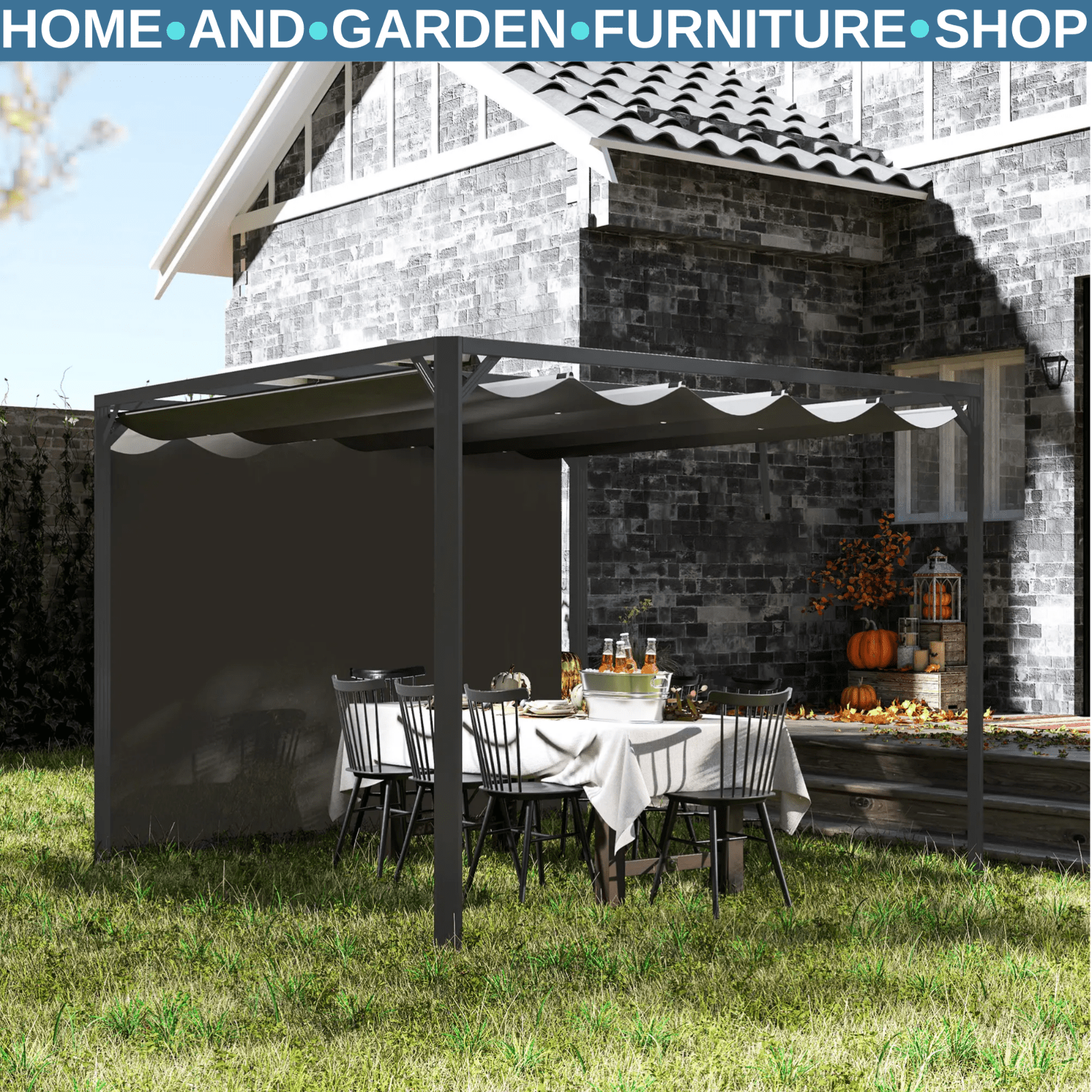 3 x 3m Metal Pergola with Retractable Roof & Roller Sun Shade Garden Gazebo Grey - Home and Garden Furniture Shop - rustic - furniture