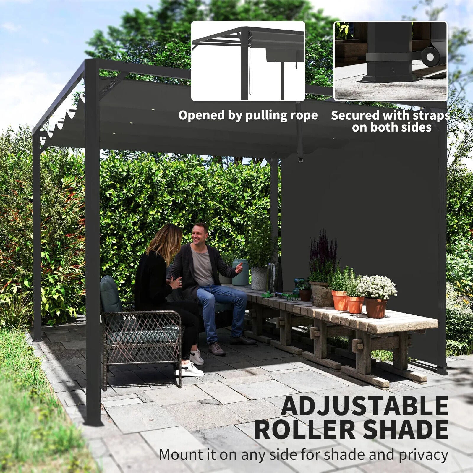 3 x 3m Metal Pergola with Retractable Roof & Roller Sun Shade Garden Gazebo Grey - Home and Garden Furniture Shop - #rustic - furniture#