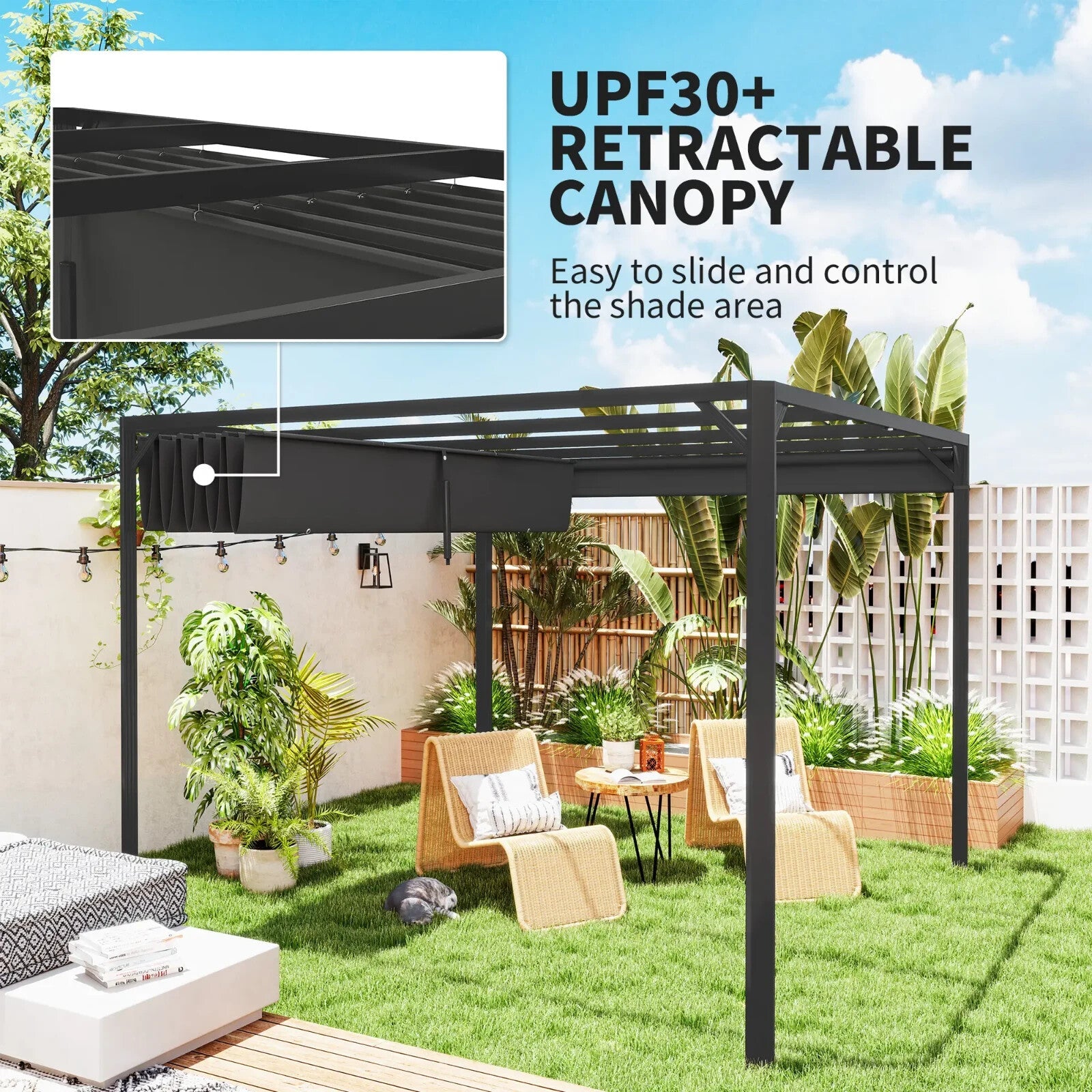 3 x 3m Metal Pergola with Retractable Roof & Roller Sun Shade Garden Gazebo Grey - Home and Garden Furniture Shop - rustic - furniture