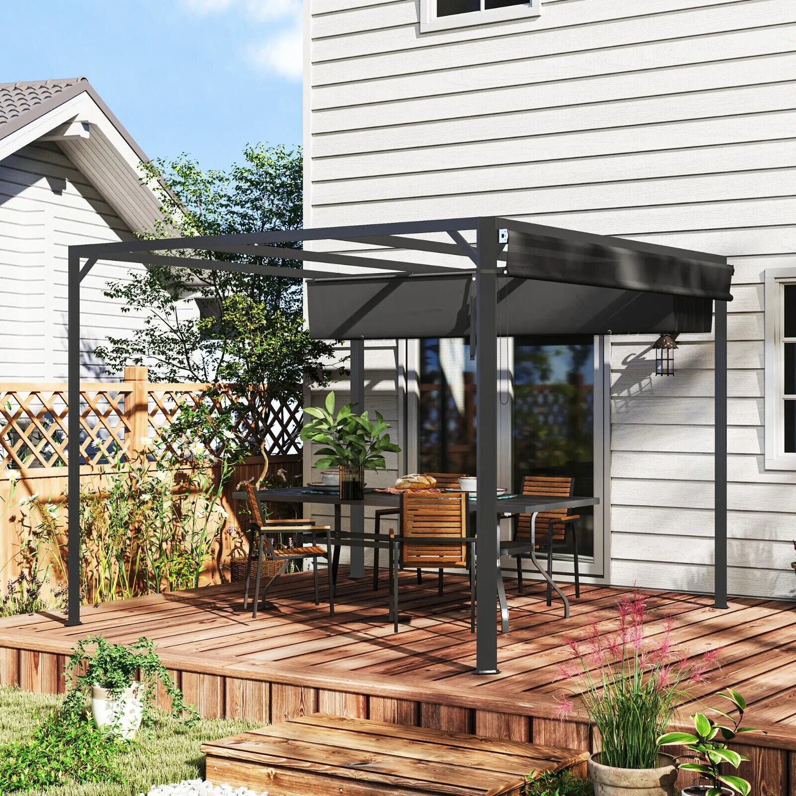3 x 3m Metal Pergola with Retractable Roof & Roller Sun Shade Garden Gazebo Grey - Home and Garden Furniture Shop - #rustic - furniture#