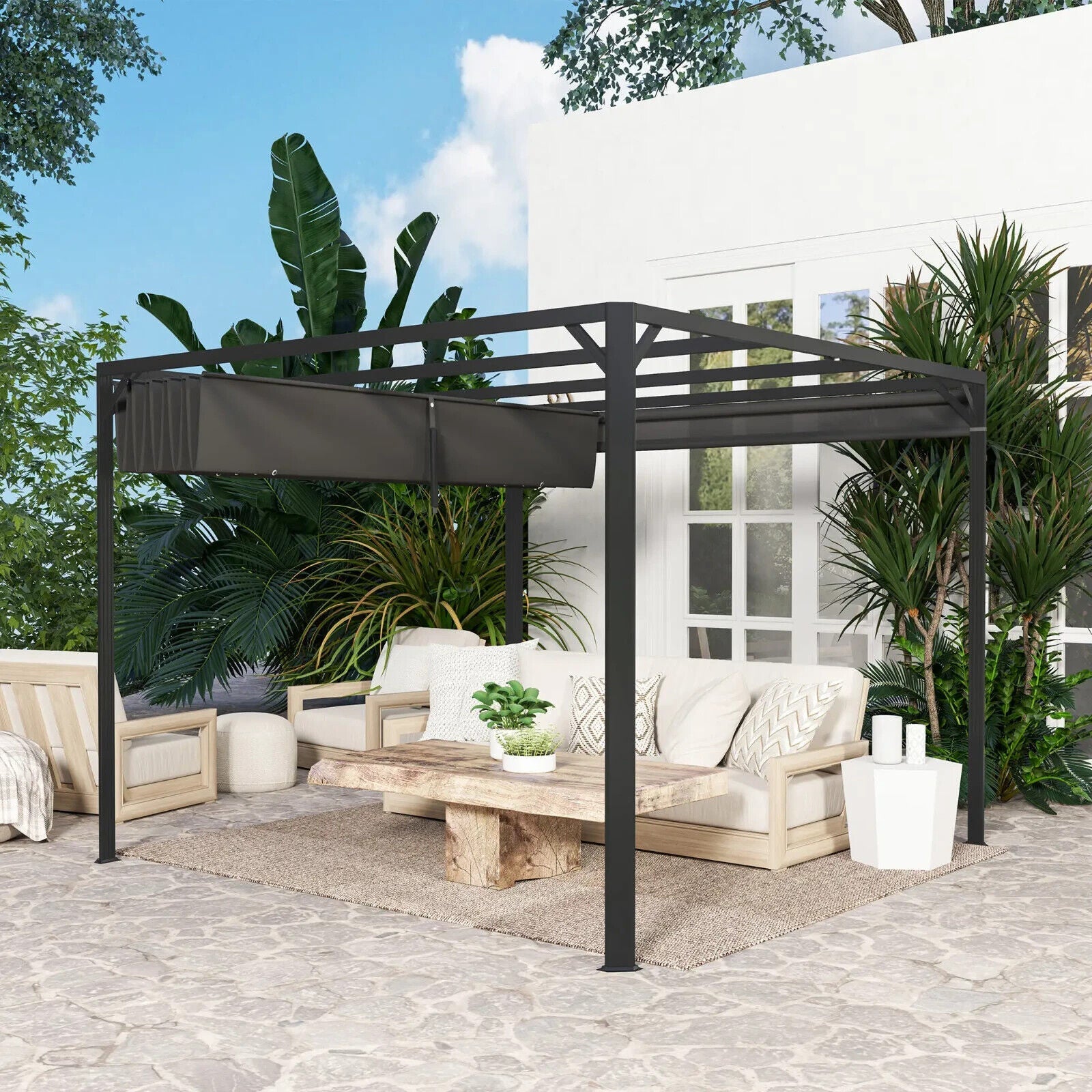 3 x 3m Metal Pergola with Retractable Roof & Roller Sun Shade Garden Gazebo Grey - Home and Garden Furniture Shop - #rustic - furniture#