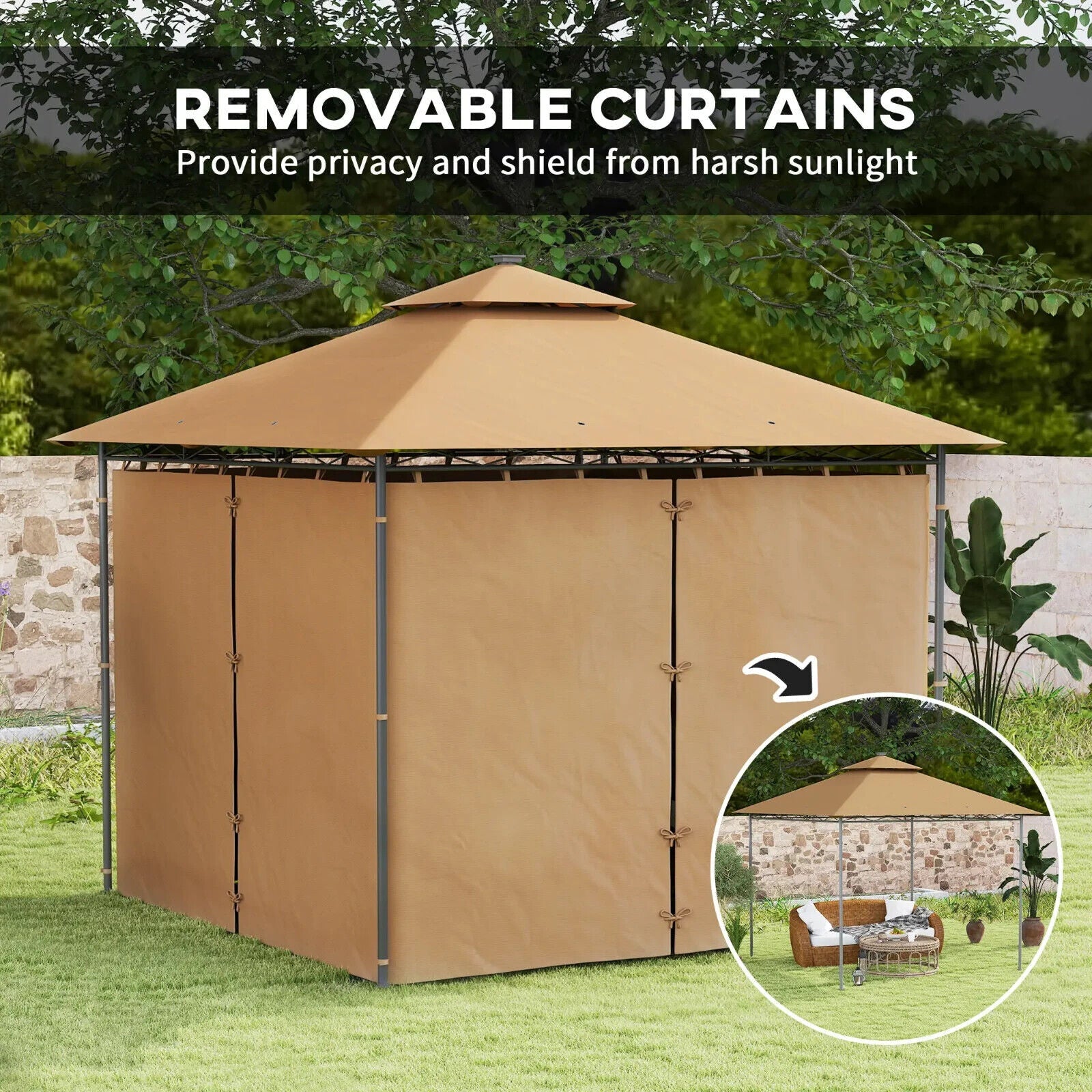 3 x 3m Outdoor Gazebo with Curtains Double Roof Garden Gazebo Sun Shelter Brown - Home and Garden Furniture Shop - #rustic - furniture#