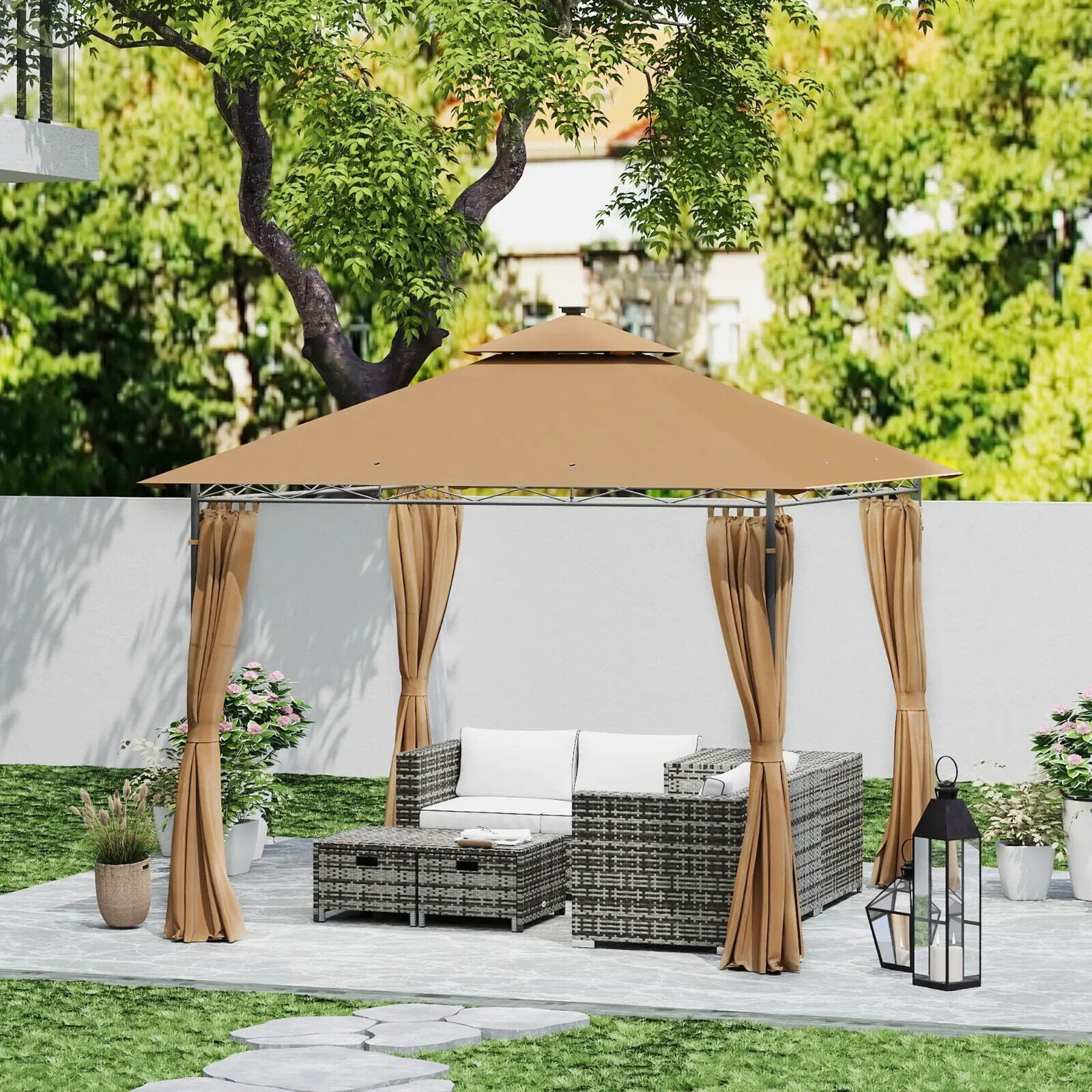 3 x 3m Outdoor Gazebo with Curtains Double Roof Garden Gazebo Sun Shelter Brown - Home and Garden Furniture Shop - #rustic - furniture#