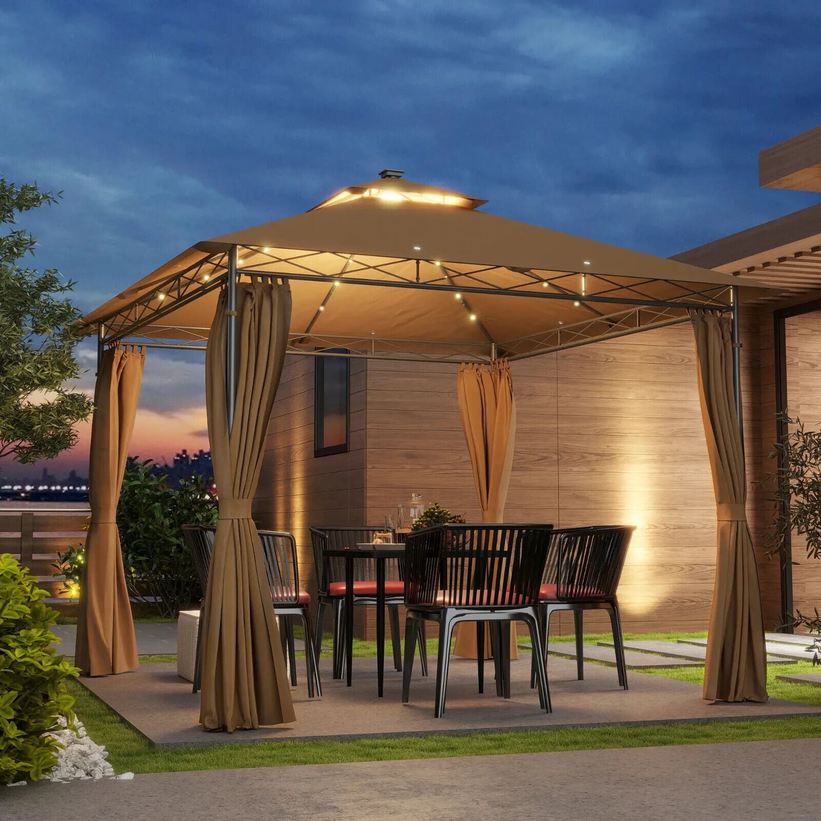 3 x 3m Outdoor Gazebo with Curtains Double Roof Garden Gazebo Sun Shelter Brown - Home and Garden Furniture Shop - #rustic - furniture#