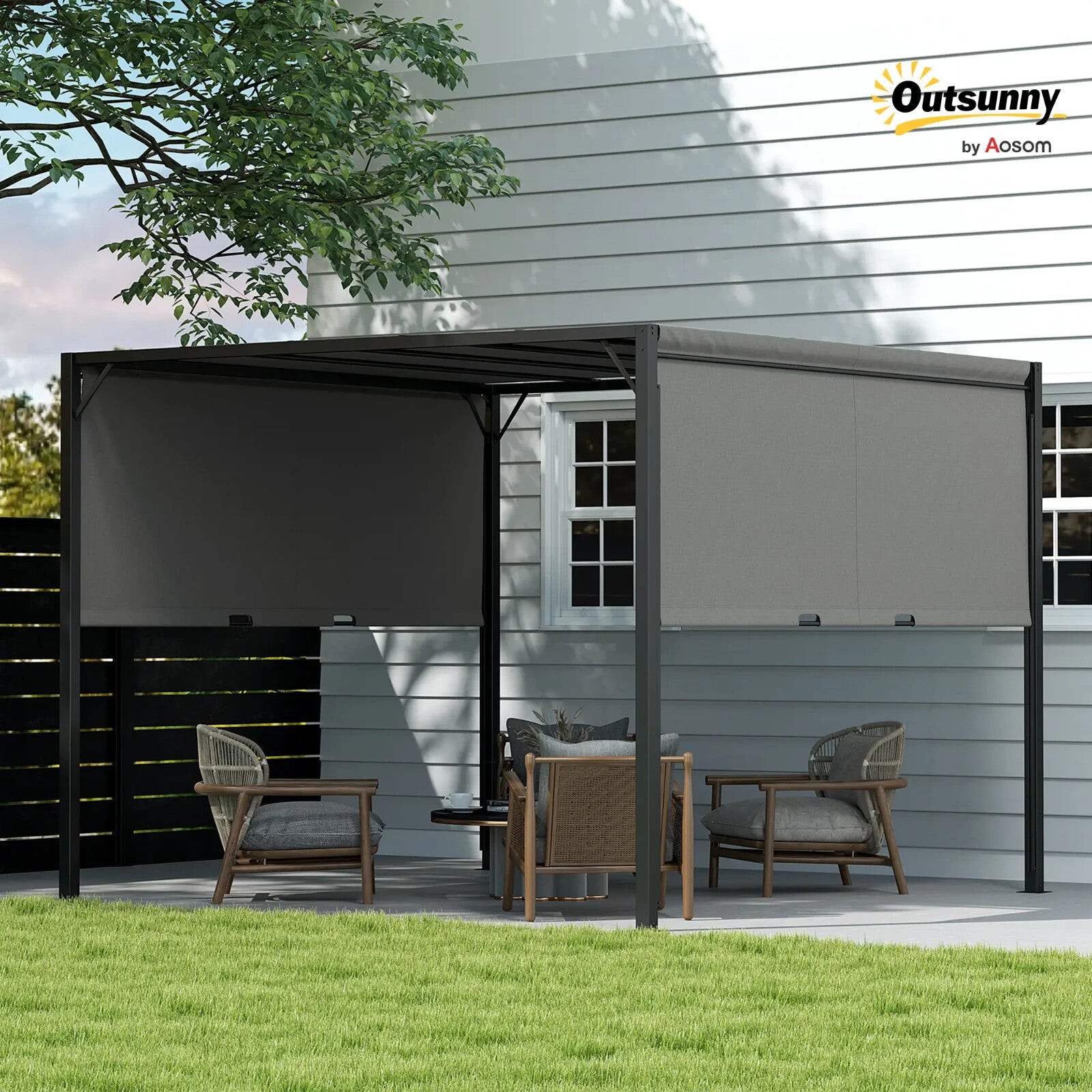 3 x 3m Pergola Retractable Roof Metal Gazebo Outdoor Sun Shade Shelter Canopy - Home and Garden Furniture Shop - rustic - furniture
