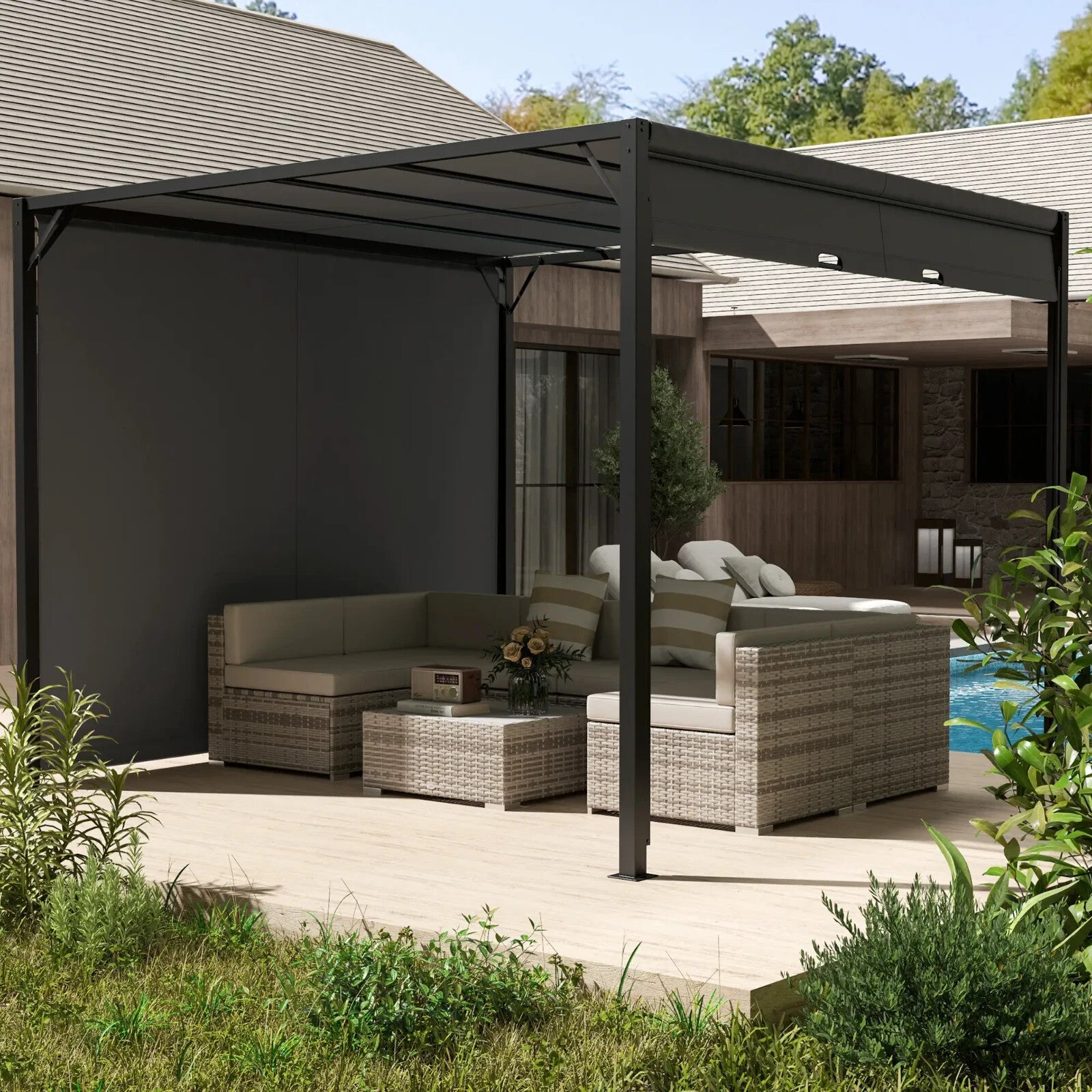3 x 3m Pergola Retractable Roof Metal Gazebo Outdoor Sun Shade Shelter Canopy - Home and Garden Furniture Shop - rustic - furniture