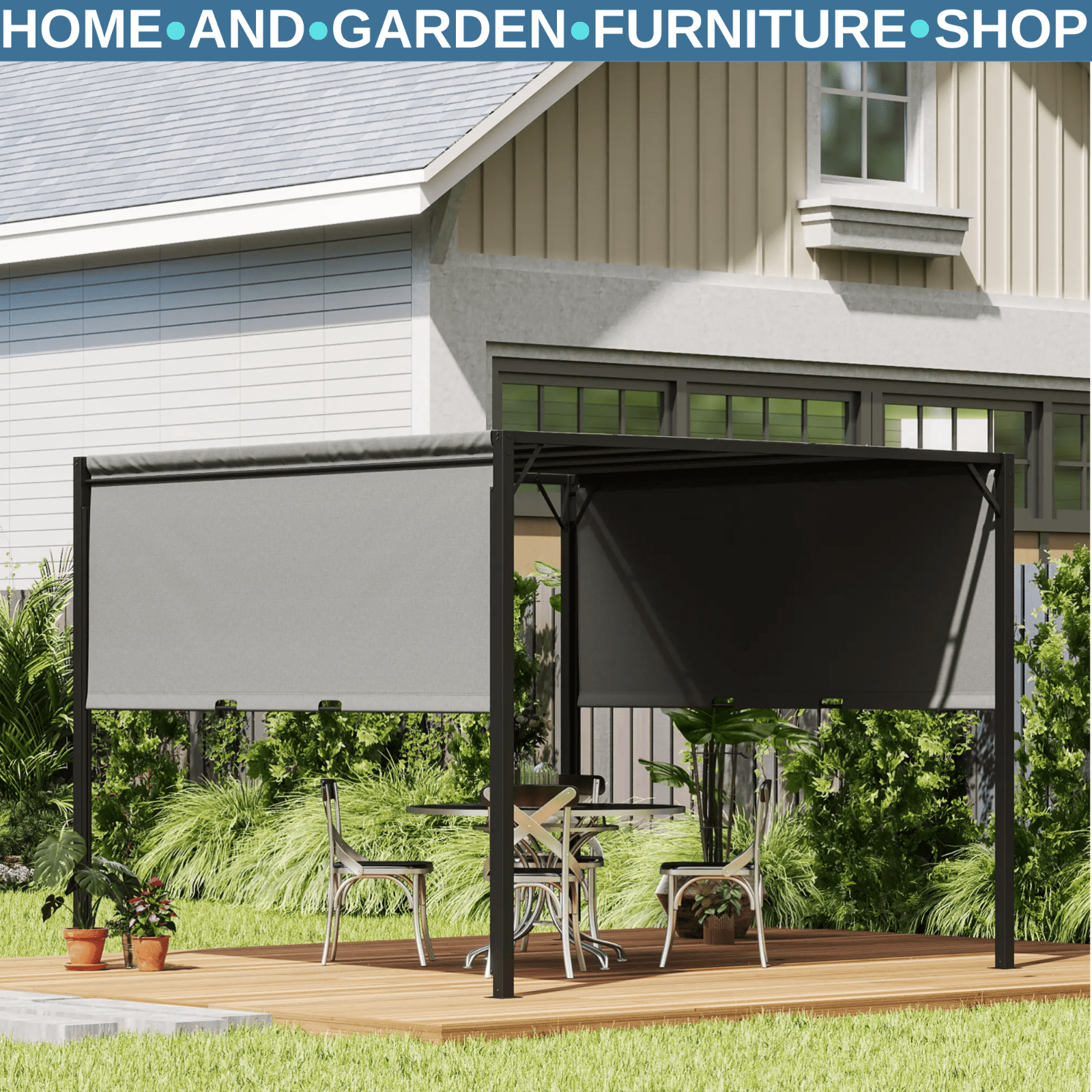 3 x 3m Pergola Retractable Roof Metal Gazebo Outdoor Sun Shade Shelter Canopy - Home and Garden Furniture Shop - rustic - furniture