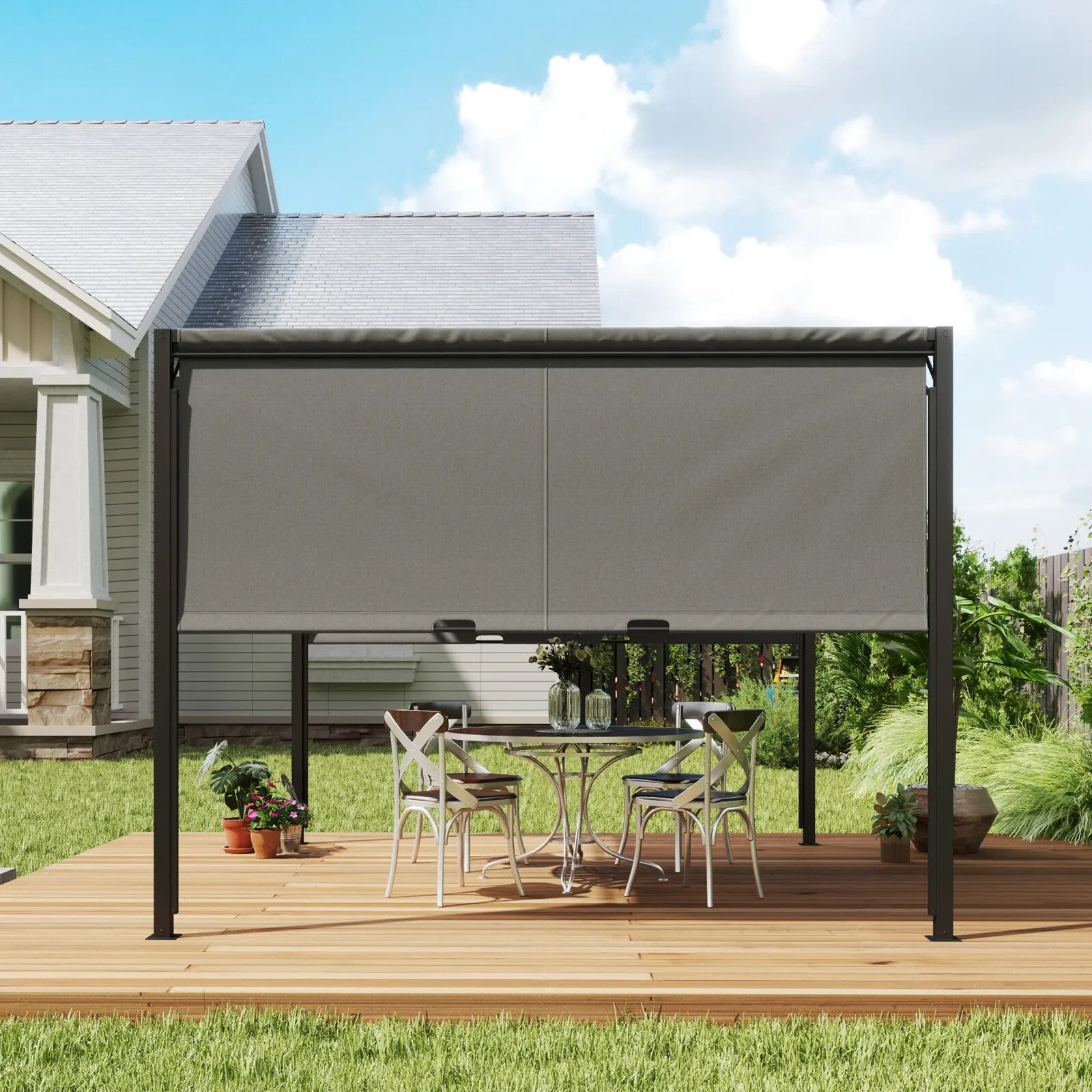 3 x 3m Pergola Retractable Roof Metal Gazebo Outdoor Sun Shade Shelter Canopy - Home and Garden Furniture Shop - rustic - furniture