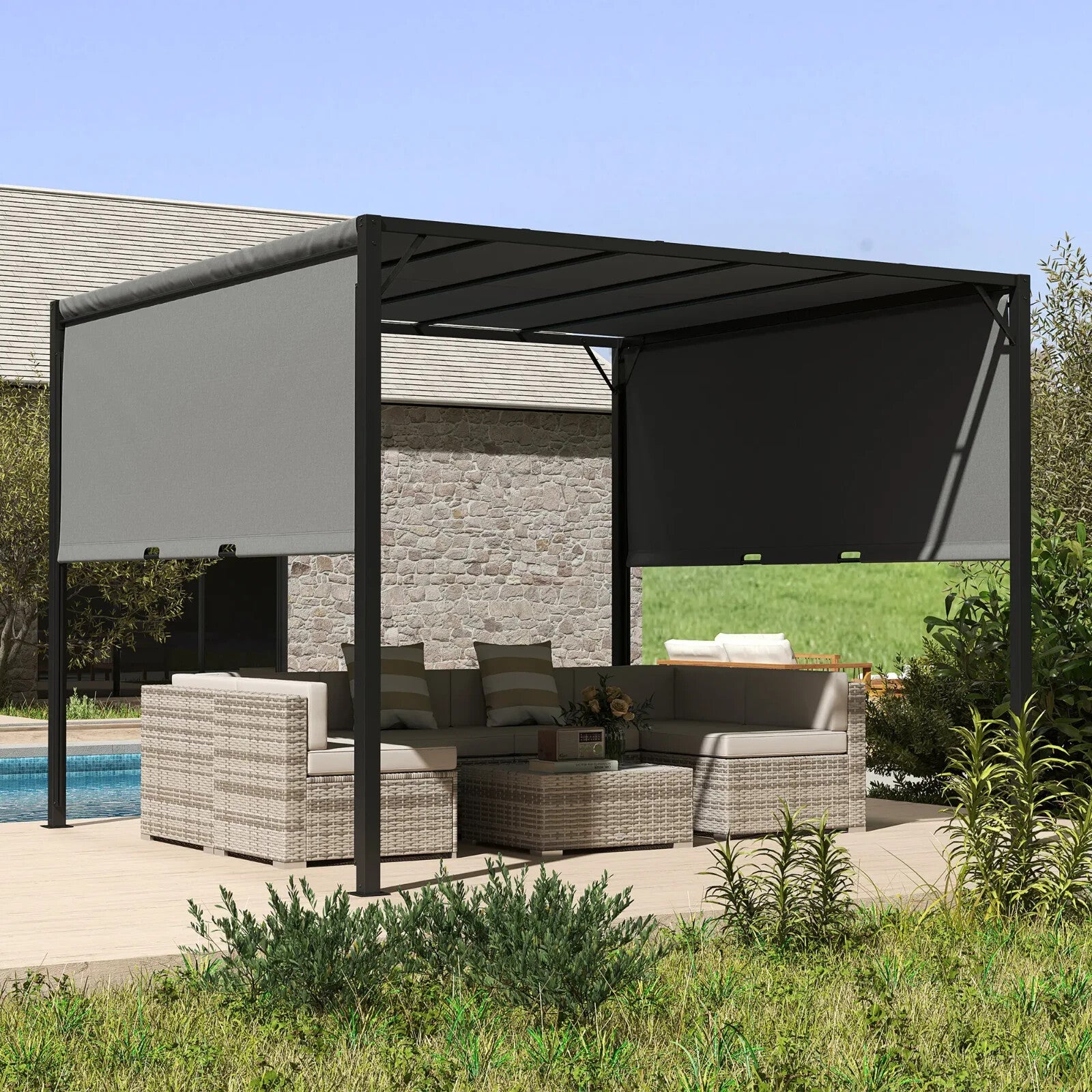 3 x 3m Pergola Retractable Roof Metal Gazebo Outdoor Sun Shade Shelter Canopy - Home and Garden Furniture Shop - rustic - furniture