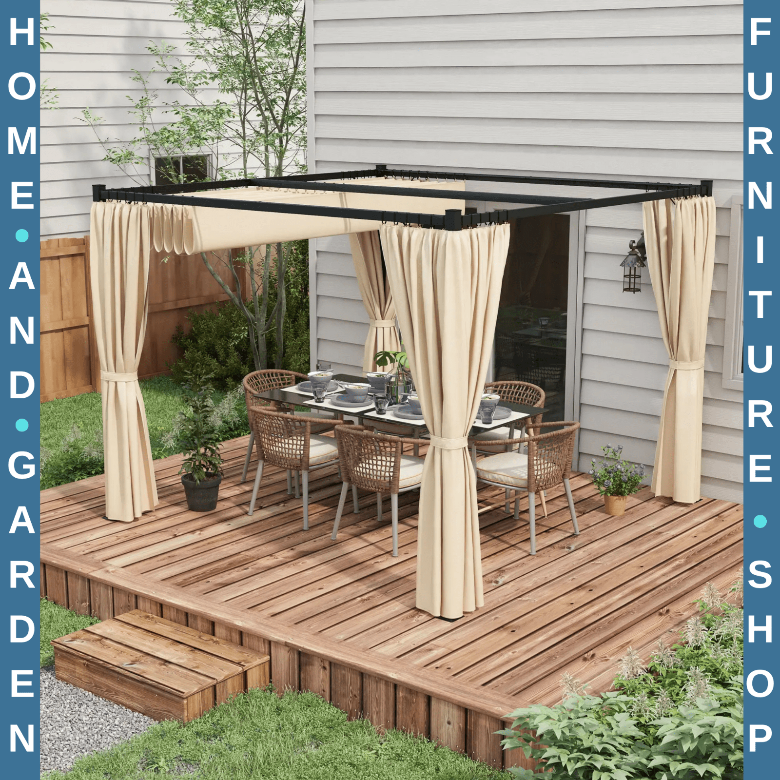 3 x 3m Retractable Pergola Gazebo with Curtains Garden Shelter Canopy for Patio - Home and Garden Furniture Shop - rustic - furniture