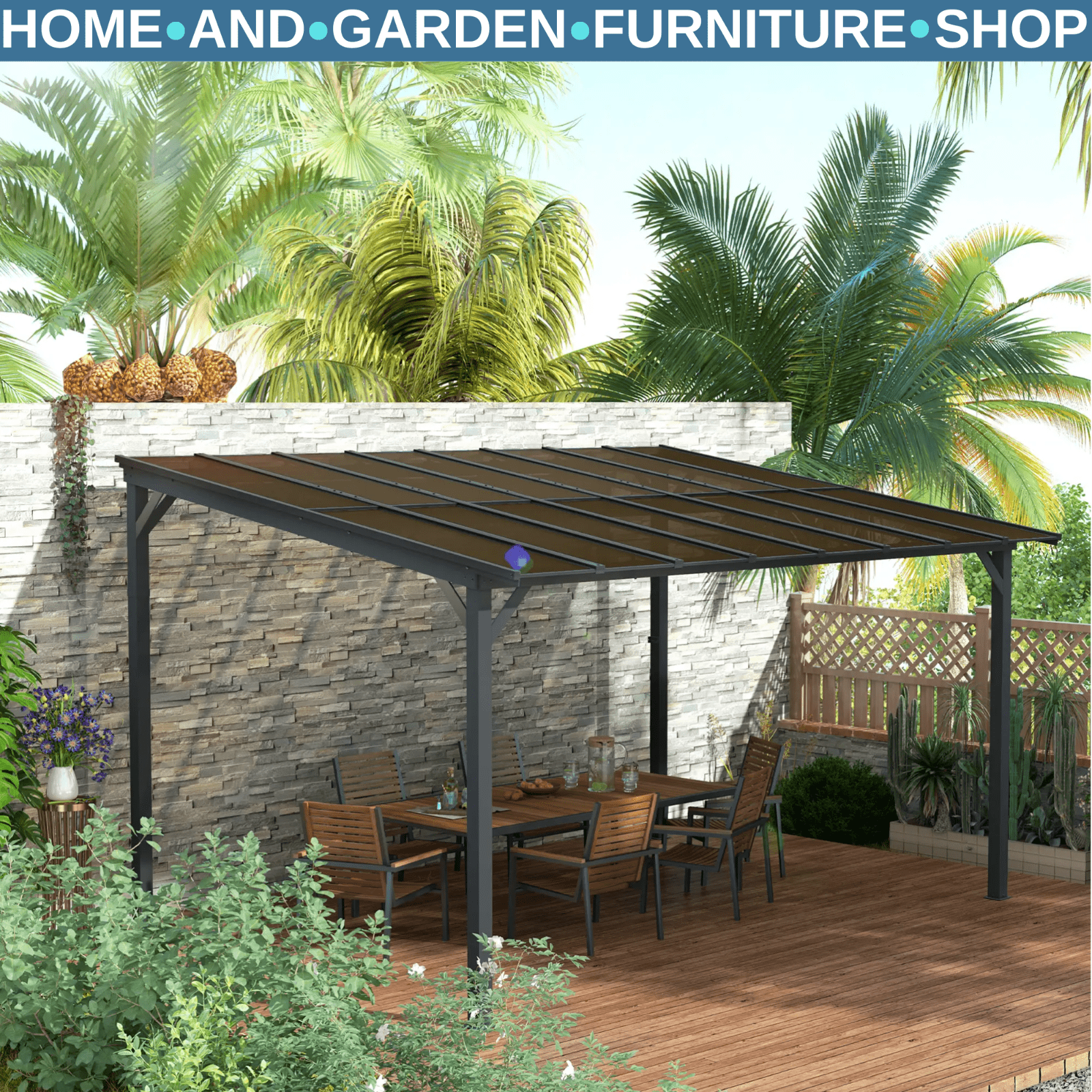 3 x 4.3m Metal Pergola Kit Gazebo Hardtop Polycarbonate Roof Garden Patio Cover - Home and Garden Furniture Shop - rustic - furniture