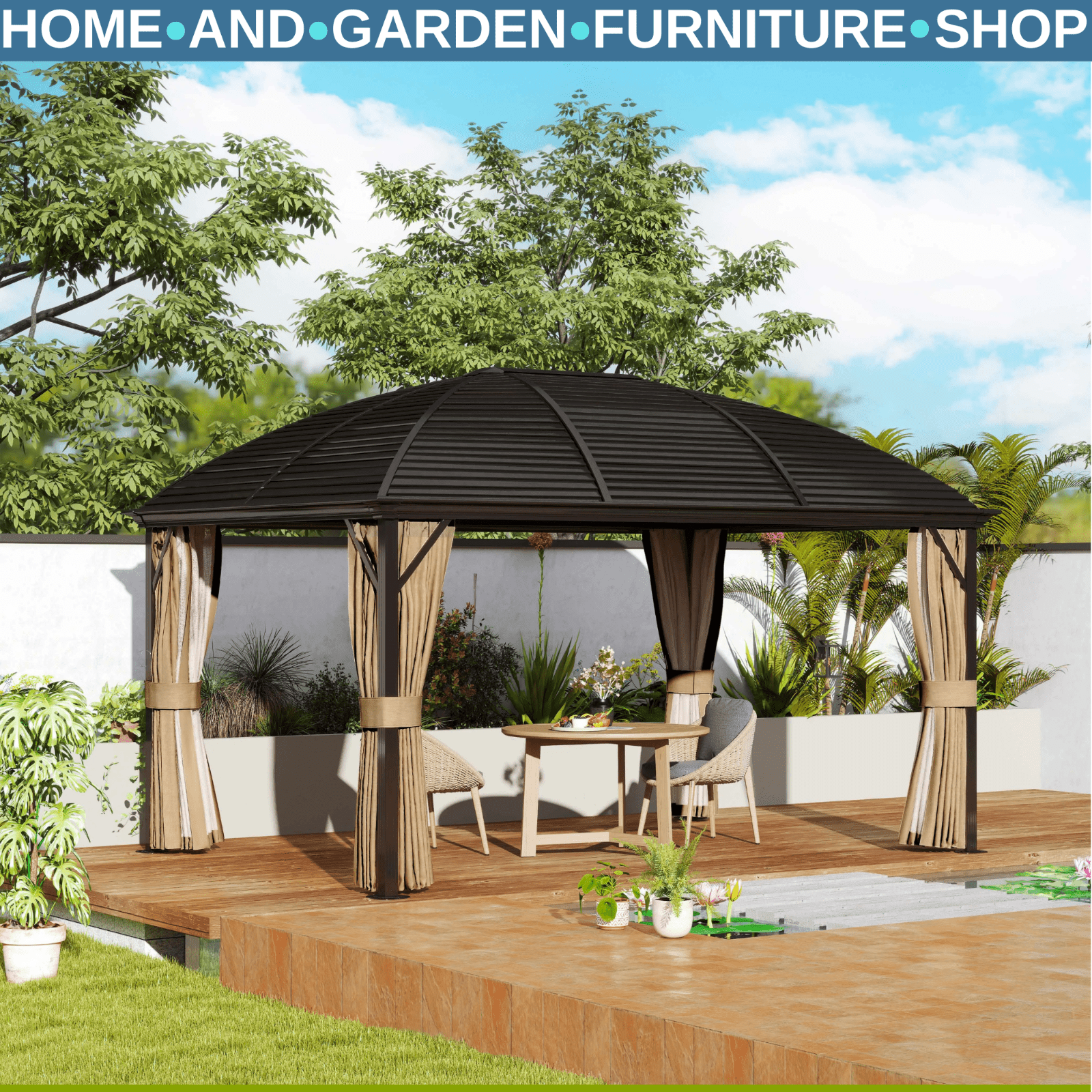 3 x 4m Hardtop Garden Gazebo Steel Roof Heavy Duty Pavilion with Sides Shelter - Home and Garden Furniture Shop - rustic - furniture