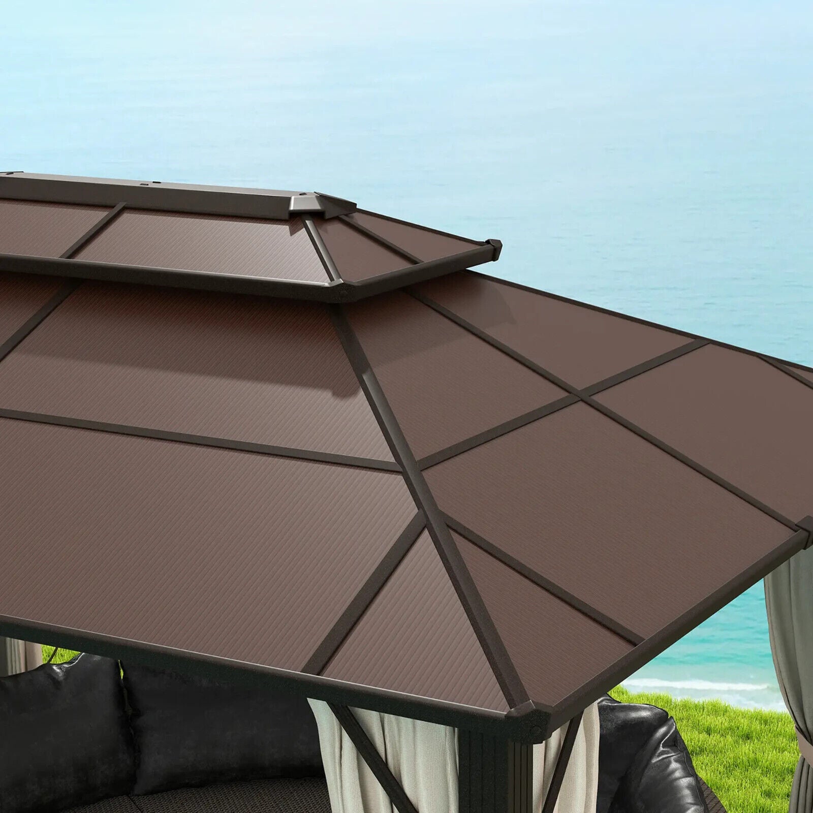 3 x 4m Polycarbonate Hardtop Gazebo with Sides Curtains Metal Frame Gazebo Beige - Home and Garden Furniture Shop - #rustic - furniture#