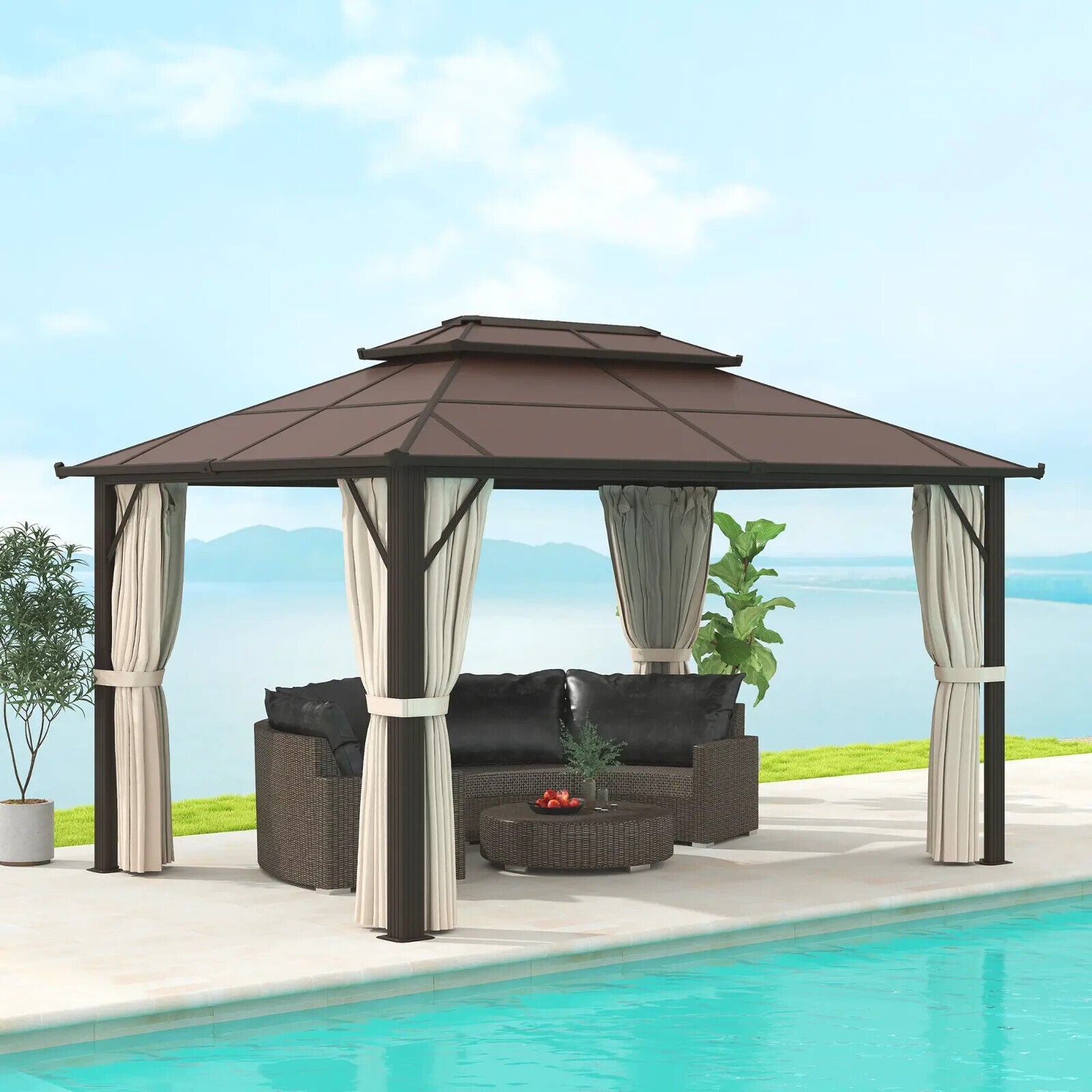 3 x 4m Polycarbonate Hardtop Gazebo with Sides Curtains Metal Frame Gazebo Beige - Home and Garden Furniture Shop - #rustic - furniture#