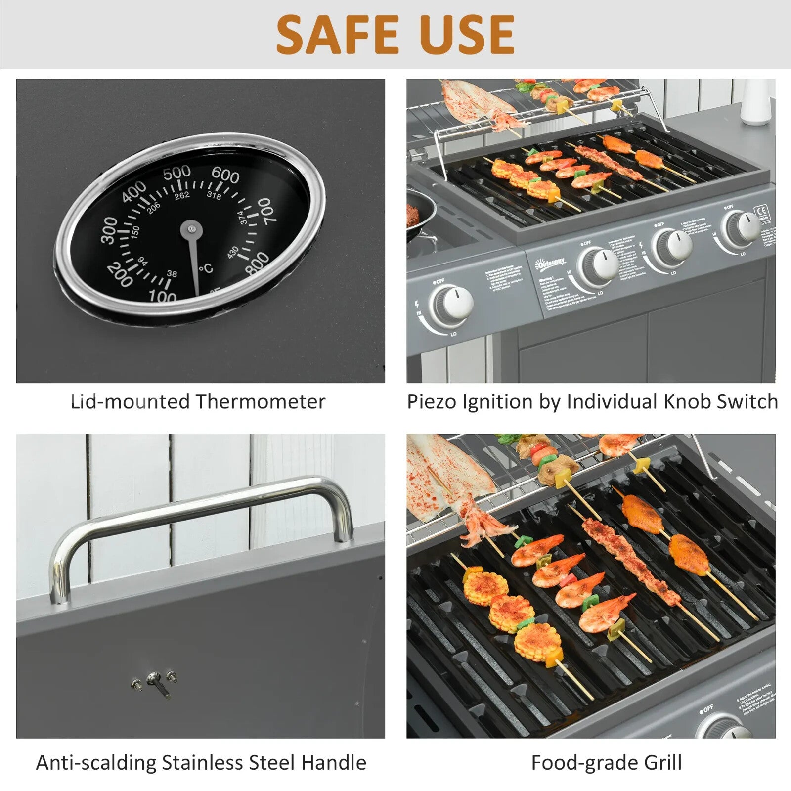 3+1 Burner Gas BBQ Grill Outdoor Barbecue Trolley with Wheel Shelves Thermometer - Home and Garden Furniture Shop - rustic - furniture