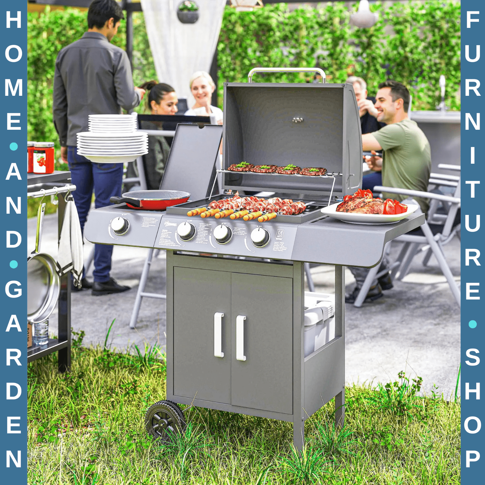 3+1 Burner Gas BBQ Grill Outdoor Barbecue Trolley with Wheel Shelves Thermometer - Home and Garden Furniture Shop - rustic - furniture