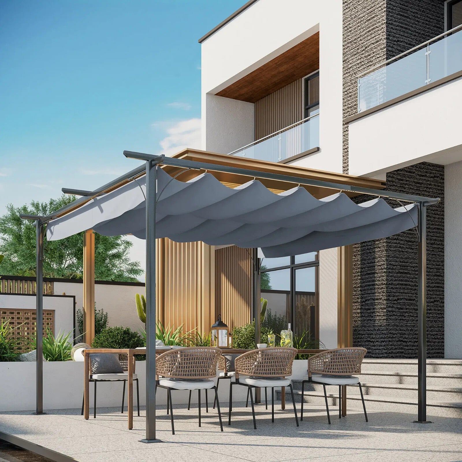 3.5m x 3.5m Metal Pergola Gazebo with Retractable Roof Garden Shade Shelter - Home and Garden Furniture Shop - rustic - furniture