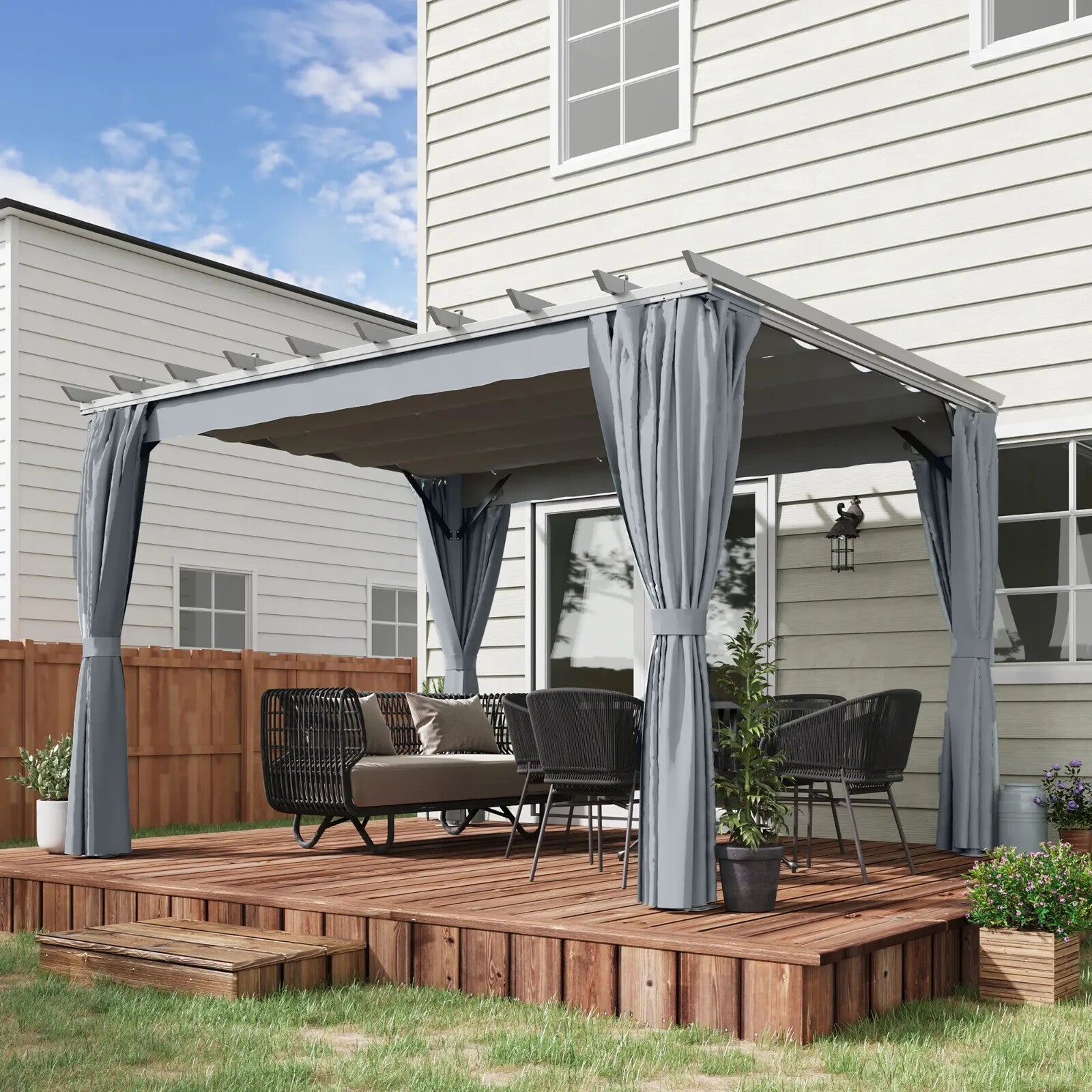 3.6 x 3 m Retractable Garden Pergola Gazebo with Canopy & Curtains for Sun Shade - Home and Garden Furniture Shop - rustic - furniture