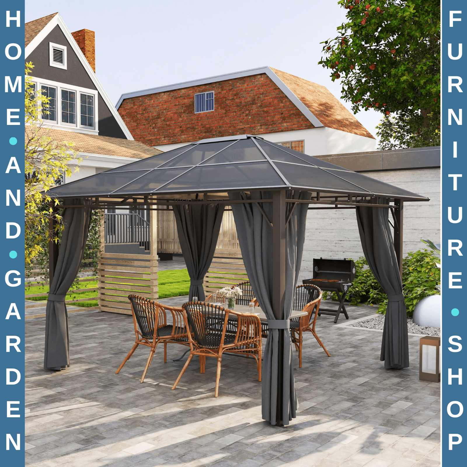 3.6 x 3m Hardtop Gazebo Garden with Sides Pavilion Tent Polycarbonate Roof Shade - Home and Garden Furniture Shop - rustic - furniture