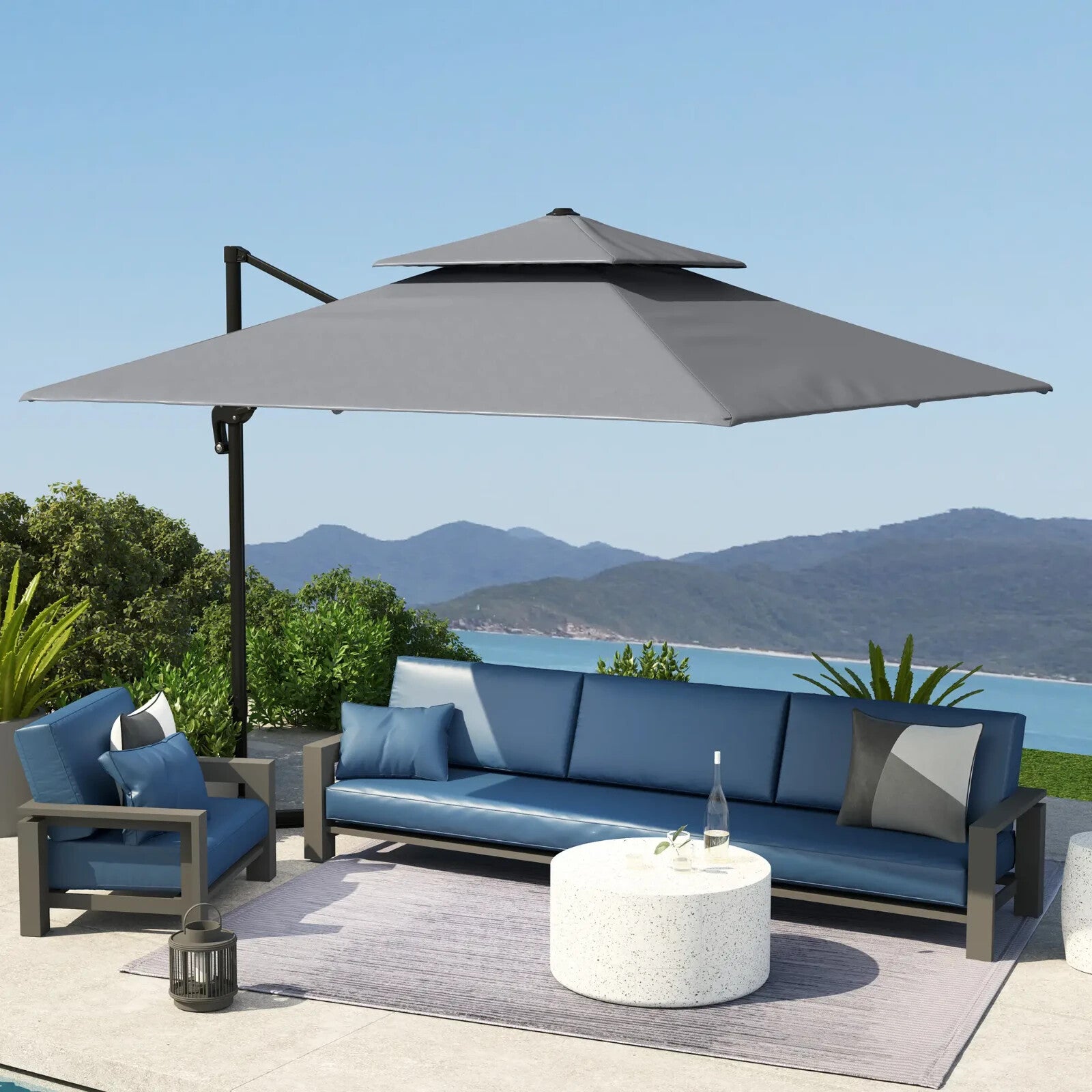 360° Cantilever Garden Parasol Umbrella 3 x 3m Outdoor Sun Shade Patio Grey Set - Home and Garden Furniture Shop - rustic - furniture