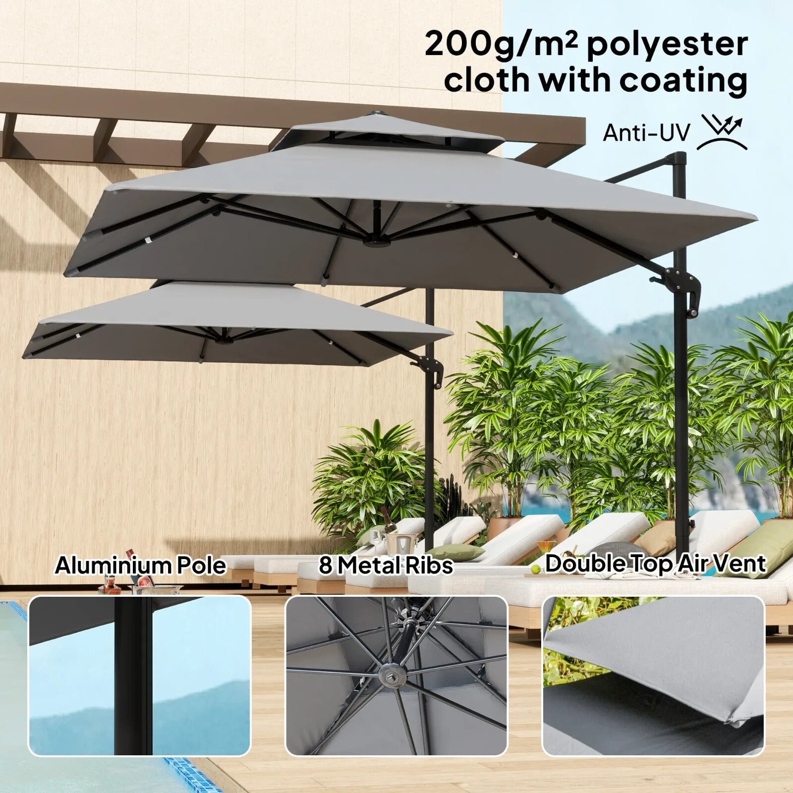360° Cantilever Garden Parasol Umbrella 3 x 3m Outdoor Sun Shade Patio Grey Set - Home and Garden Furniture Shop - rustic - furniture
