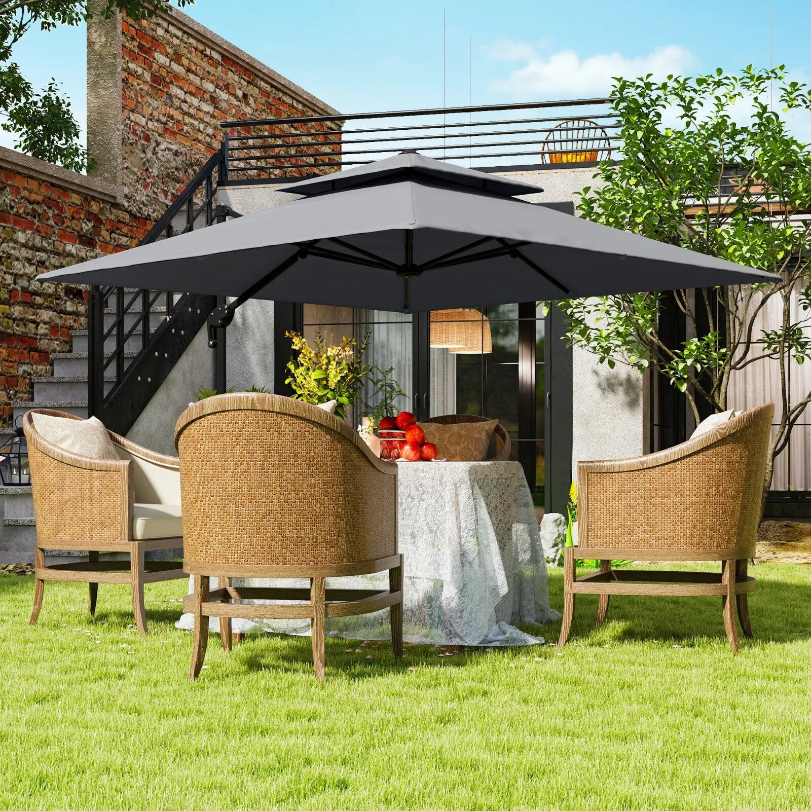360° Cantilever Garden Parasol Umbrella 3 x 3m Outdoor Sun Shade Patio Grey Set - Home and Garden Furniture Shop - rustic - furniture