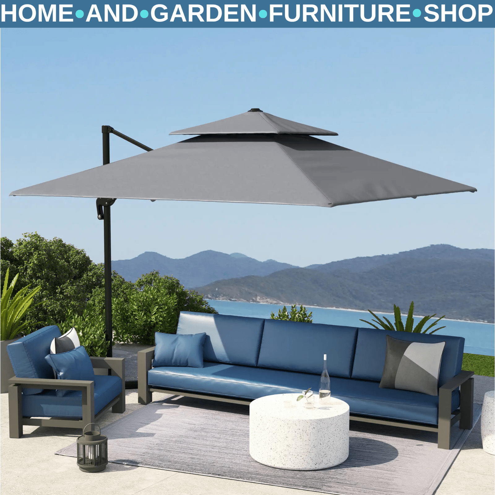 360° Cantilever Garden Parasol Umbrella 3 x 3m Outdoor Sun Shade Patio Grey Set - Home and Garden Furniture Shop - rustic - furniture