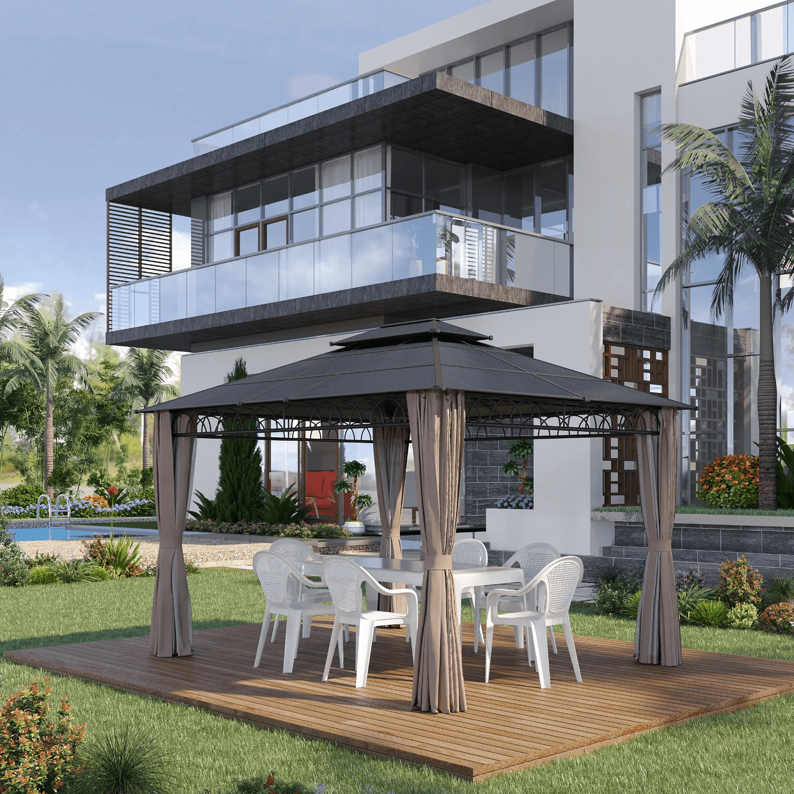 3.6m Double Roof Hard Top Gazebo Sides Metal Frame Party Tent Garden Patio Cover - Home and Garden Furniture Shop - rustic - furniture