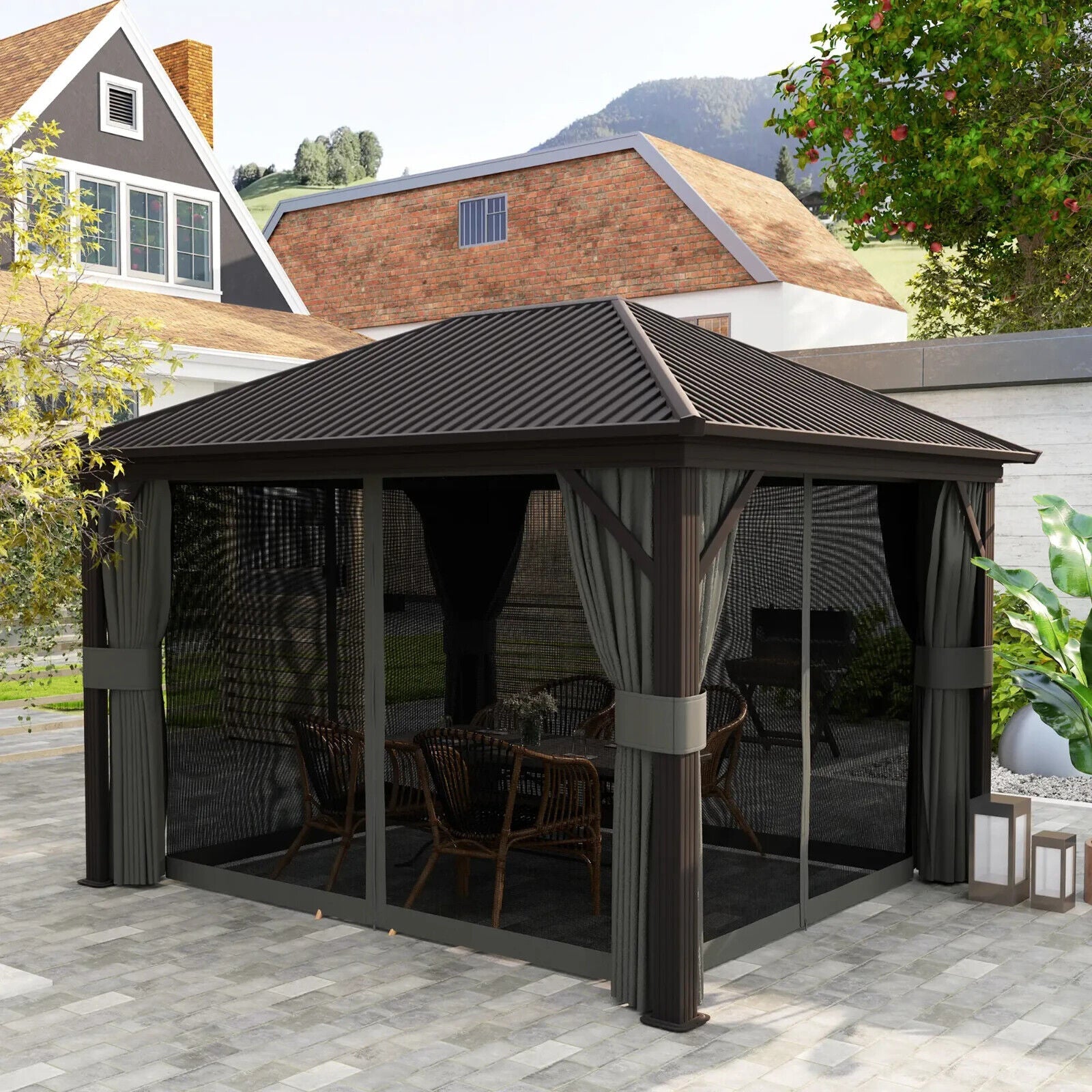 3.6m x 3m Heavy Duty Metal Garden Hardtop Gazebo with Screened Curtain Dark Grey - Home and Garden Furniture Shop - #rustic - furniture#