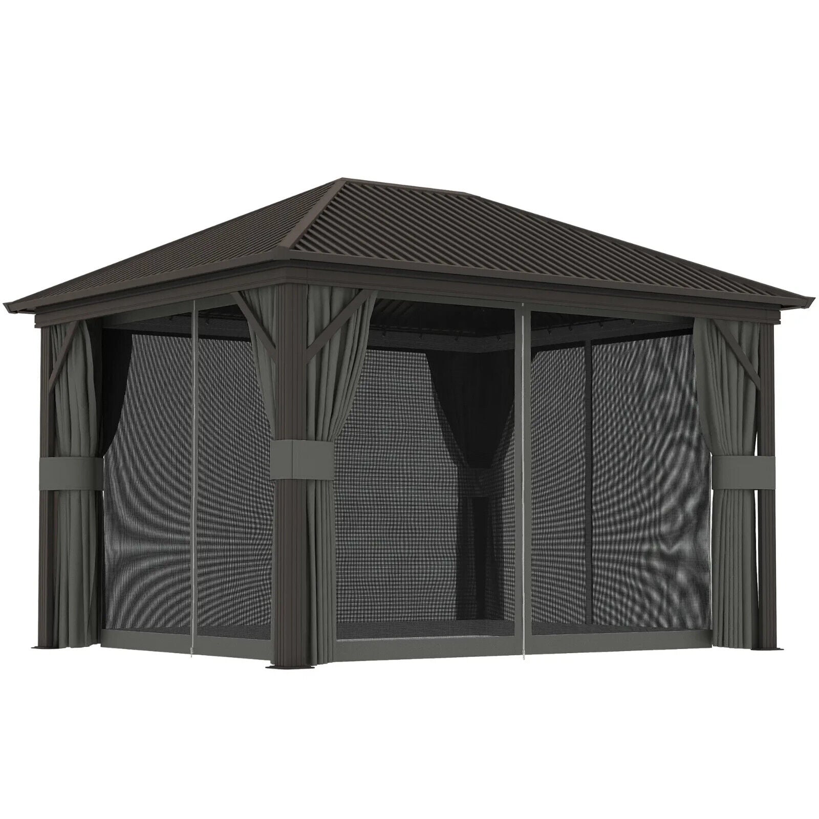 3.6m x 3m Heavy Duty Metal Garden Hardtop Gazebo with Screened Curtain Dark Grey - Home and Garden Furniture Shop - #rustic - furniture#