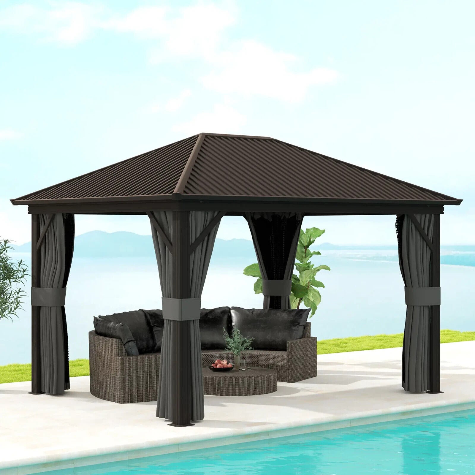 3.6m x 3m Heavy Duty Metal Garden Hardtop Gazebo with Screened Curtain Dark Grey - Home and Garden Furniture Shop - #rustic - furniture#