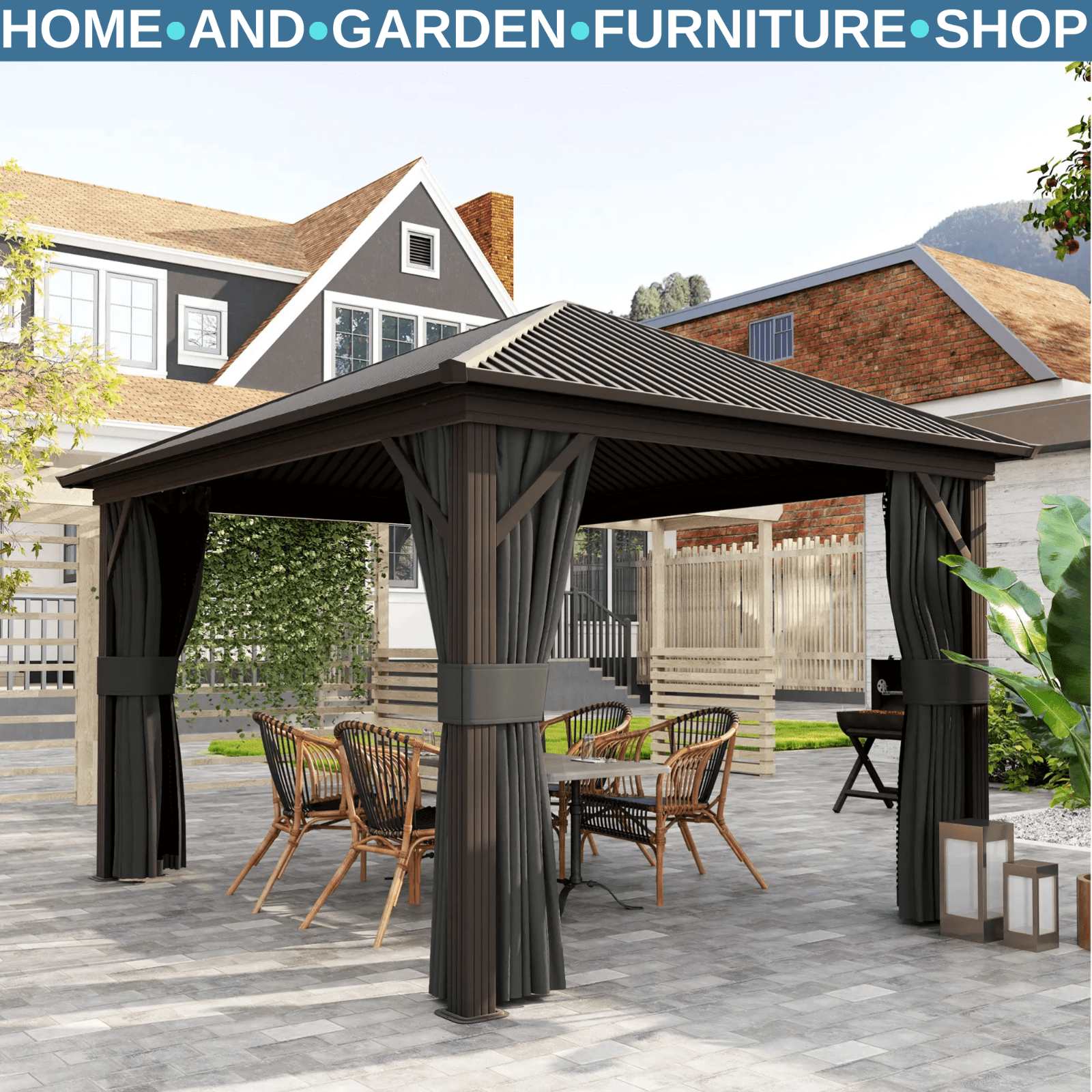 3.6m x 3m Heavy Duty Metal Garden Hardtop Gazebo with Screened Curtain Dark Grey - Home and Garden Furniture Shop - #rustic - furniture#
