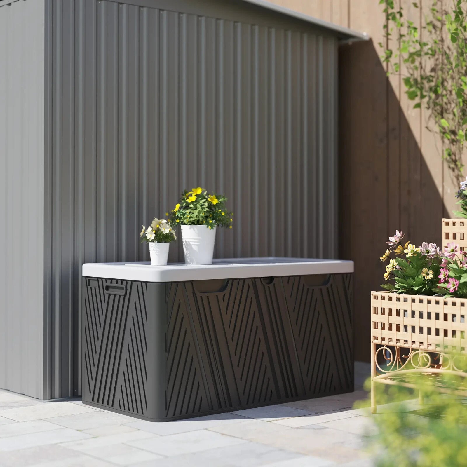 380L Garden Storage Box Outdoor Waterproof Double Layer with Lockable Lid Handle - Home and Garden Furniture Shop - rustic - furniture