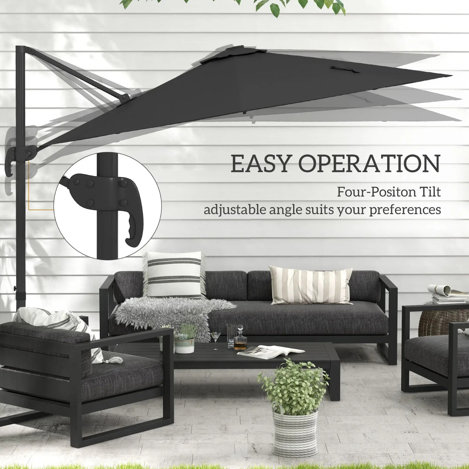 3m Adjustable Cantilever Parasol with Base and Solar LED Lights Garden Umbrella - Home and Garden Furniture Shop - rustic - furniture