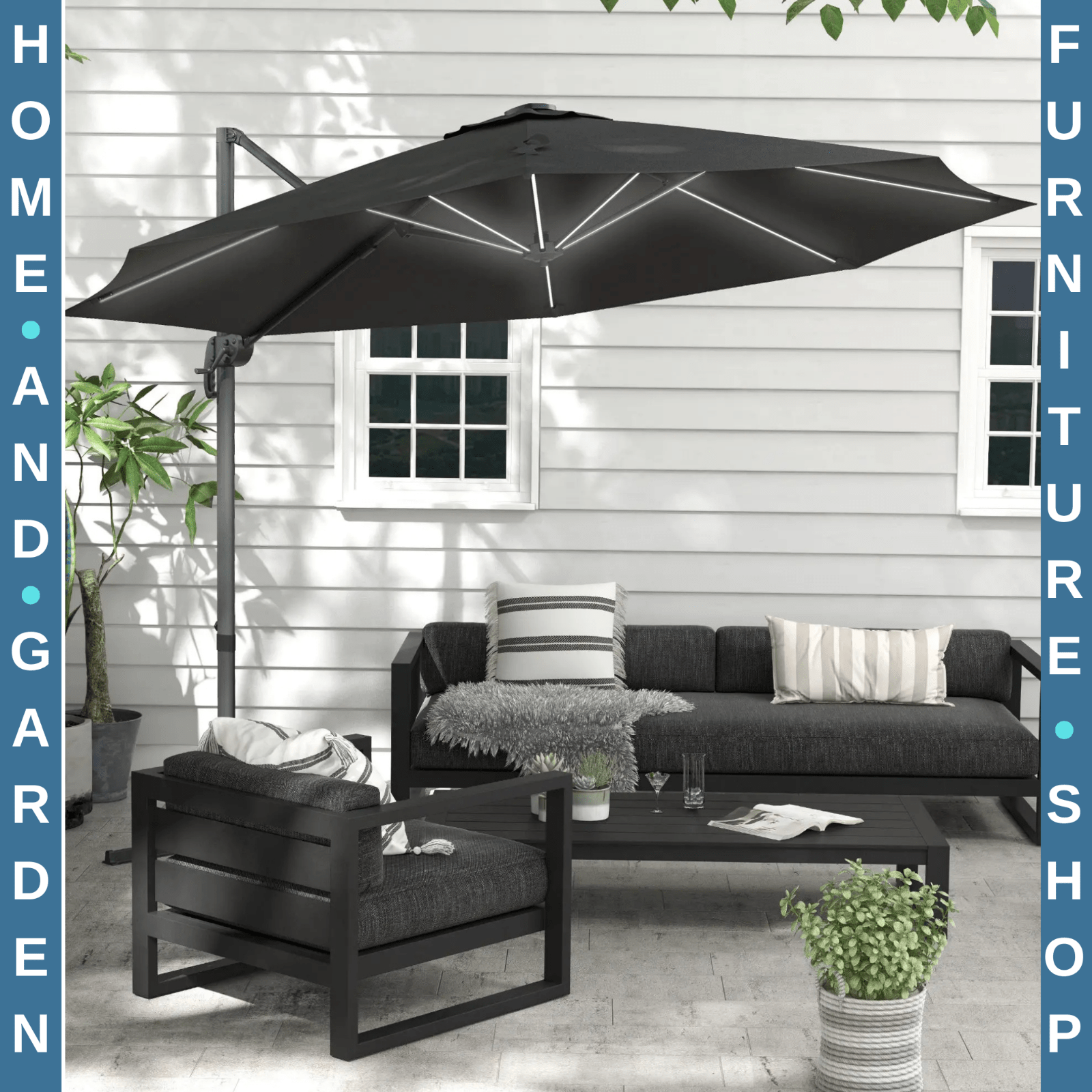 3m Adjustable Cantilever Parasol with Base and Solar LED Lights Garden Umbrella - Home and Garden Furniture Shop - rustic - furniture