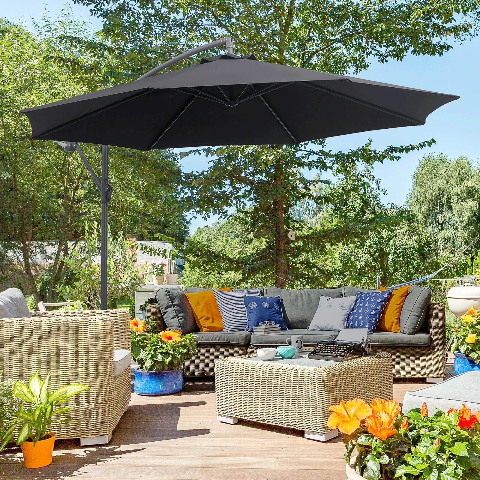 3m Banana Cantilever Parasol with Rattan Base Garden Patio Sun Umbrella Shade - Home and Garden Furniture Shop - rustic - furniture