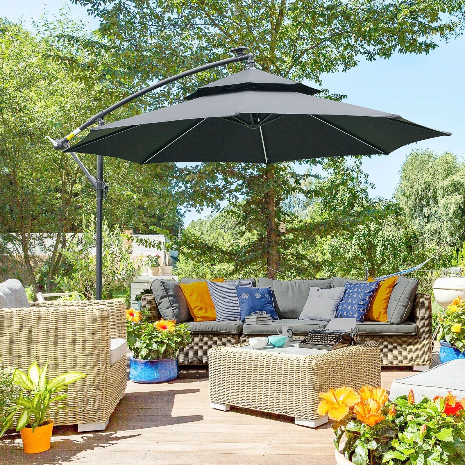 3m Black Cantilever Parasol with LED Solar Lights Crank Handle and Cross Base - Home and Garden Furniture Shop - rustic - furniture