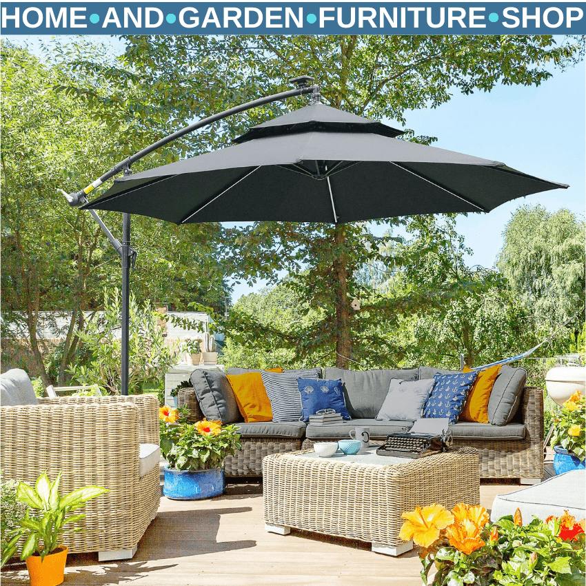 3m Black Cantilever Parasol with LED Solar Lights Crank Handle and Cross Base - Home and Garden Furniture Shop - rustic - furniture