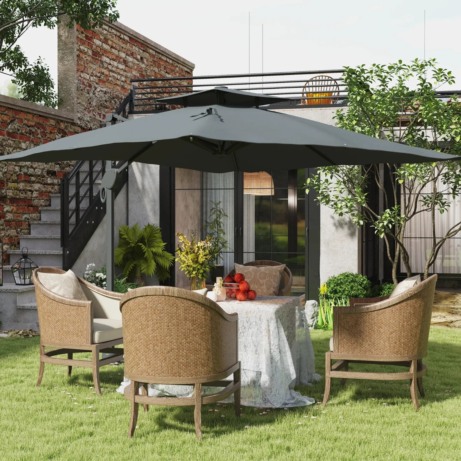 3m Cantilever Garden Parasol w/ Hydraulic Lift & Cross Base Dual Vented Sunshade - Home and Garden Furniture Shop - rustic - furniture
