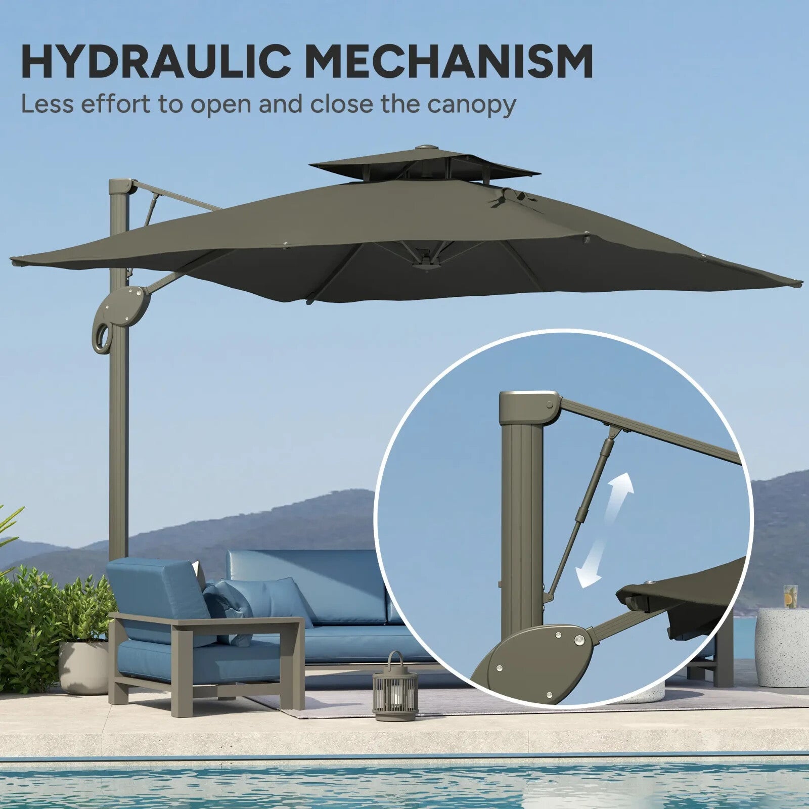 3m Cantilever Garden Parasol w/ Hydraulic Lift & Cross Base Dual Vented Sunshade - Home and Garden Furniture Shop - rustic - furniture