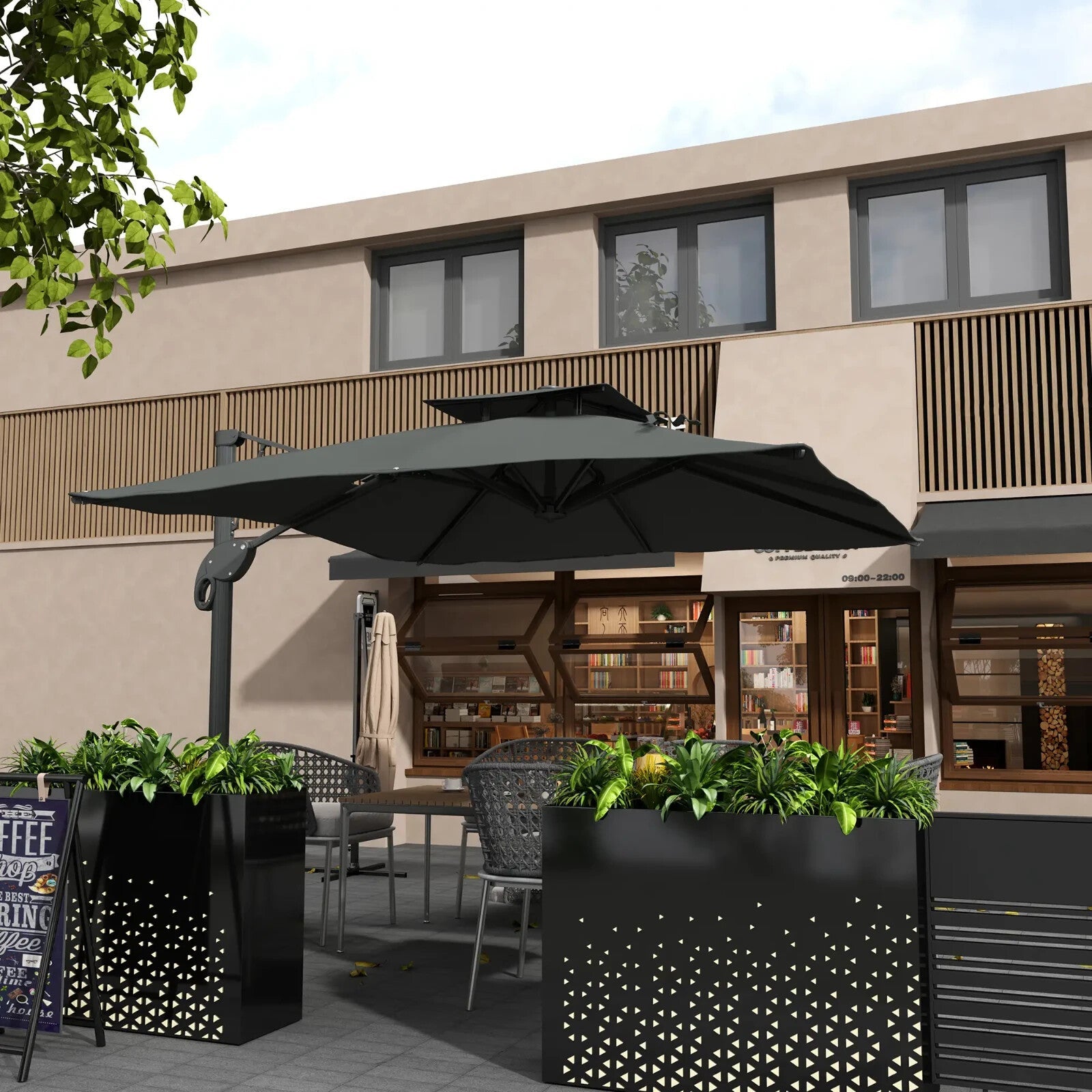 3m Cantilever Garden Parasol w/ Hydraulic Lift & Cross Base Dual Vented Sunshade - Home and Garden Furniture Shop - rustic - furniture