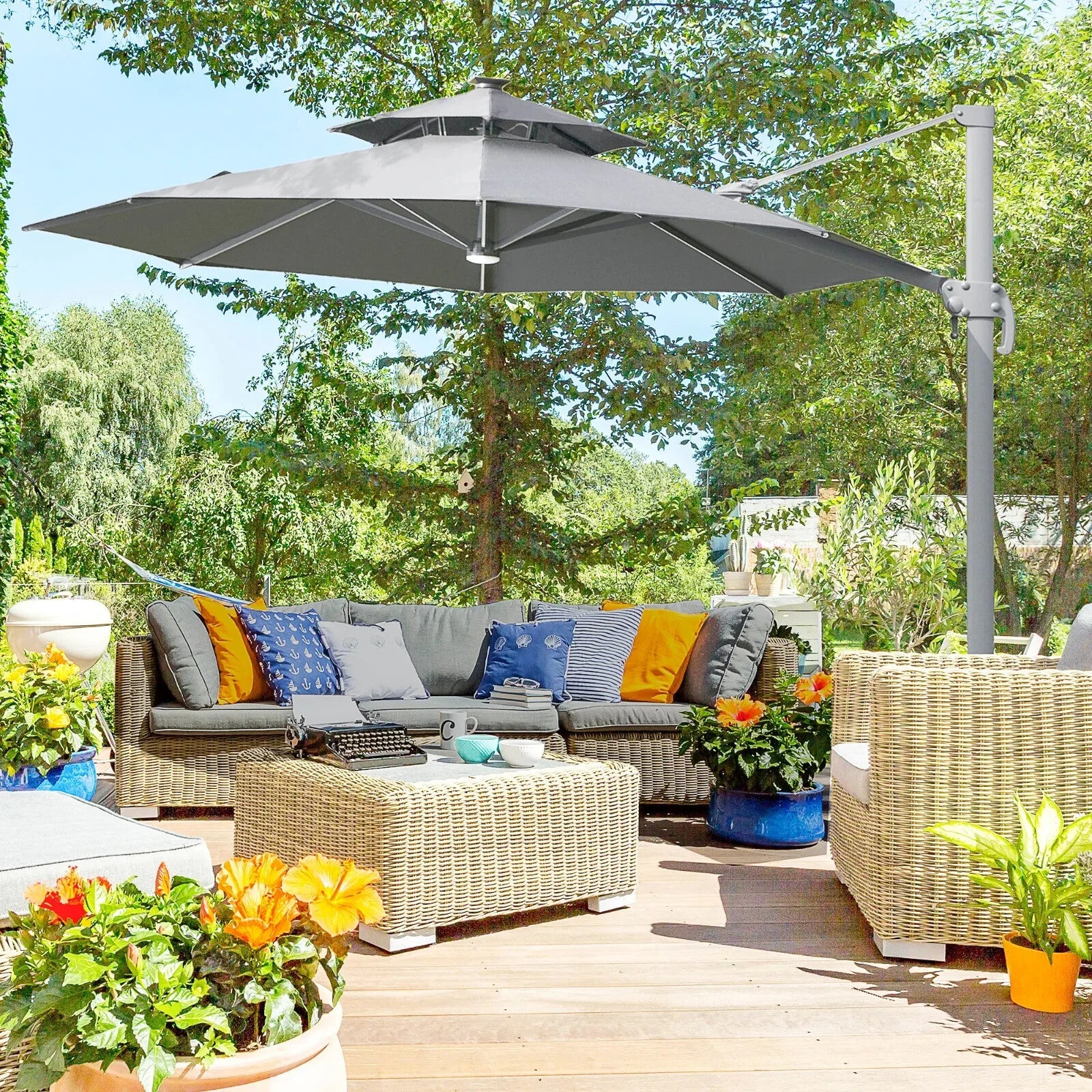 3m Cantilever Garden Parasol with LED Lights, Power Bank and 360° Rotating Base - Home and Garden Furniture Shop - rustic - furniture