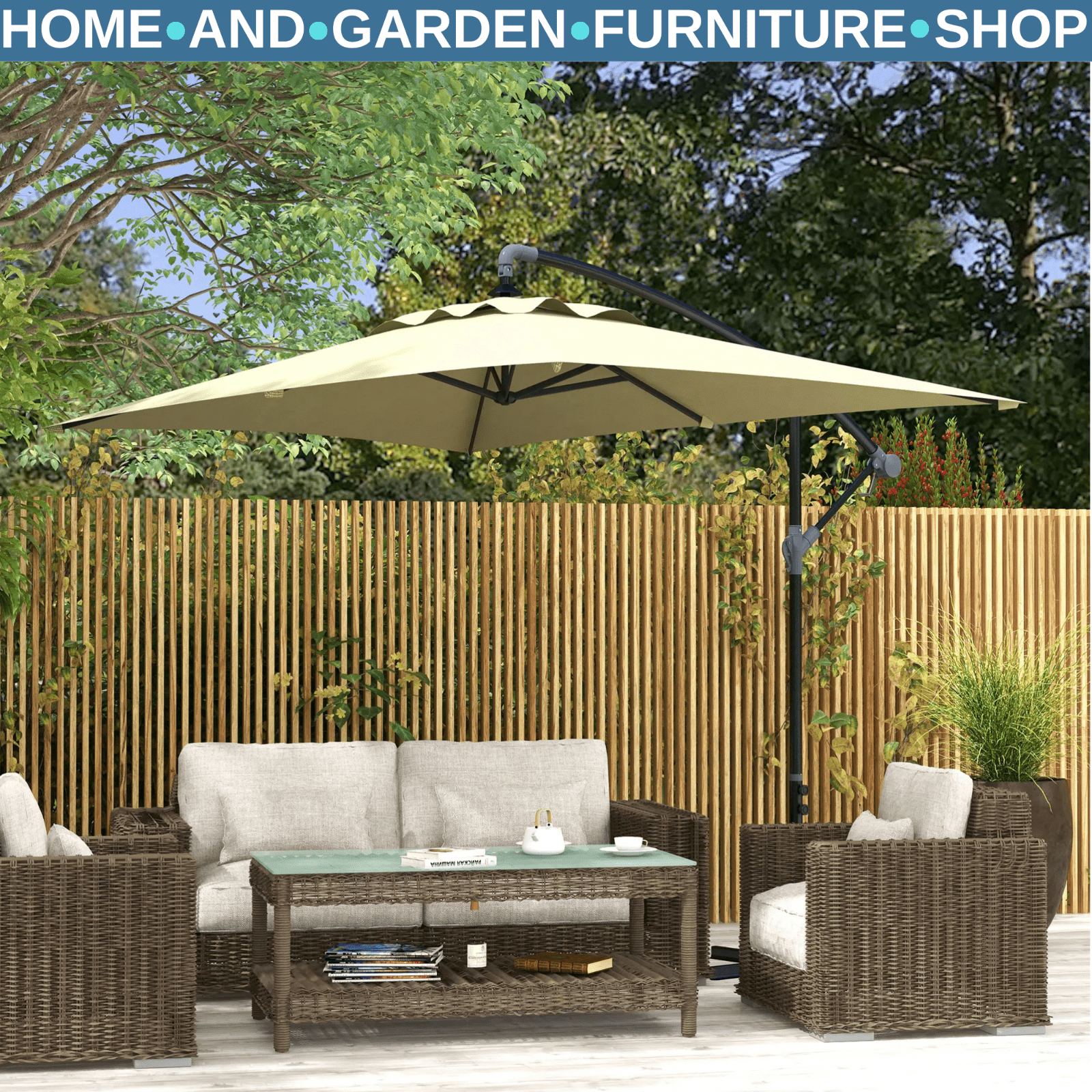 3m Cantilever Parasol w/ Crank Handle Base Rectangular Hanging Garden Umbrella - Home and Garden Furniture Shop - rustic - furniture