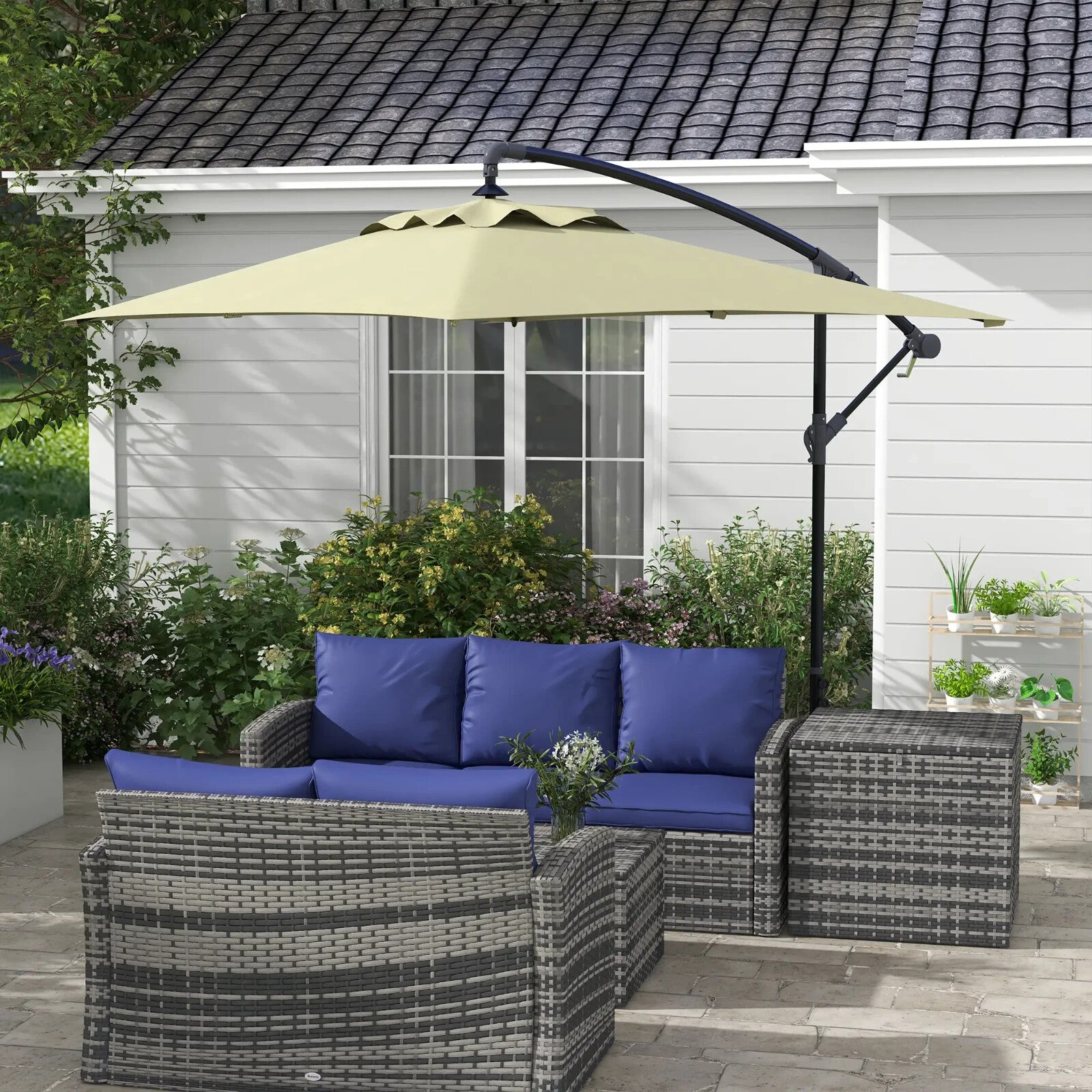 3m Cantilever Parasol w/ Crank Handle Base Rectangular Hanging Garden Umbrella - Home and Garden Furniture Shop - rustic - furniture
