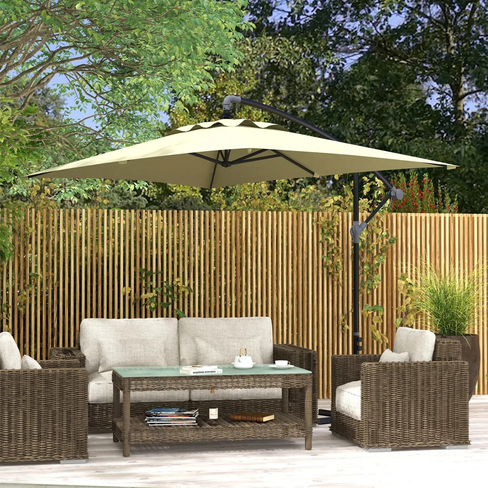 3m Cantilever Parasol w/ Crank Handle Base Rectangular Hanging Garden Umbrella - Home and Garden Furniture Shop - rustic - furniture