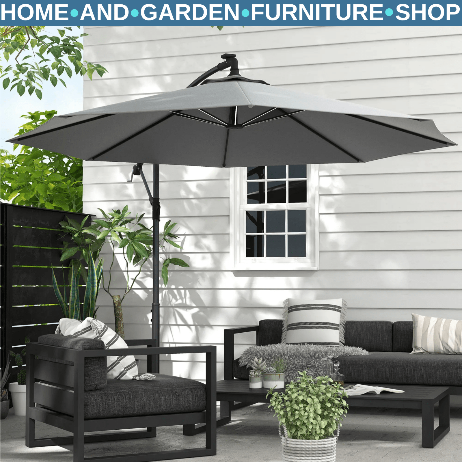 3m Cantilever Parasol with Base Solar LED Lights Crank Handle Garden Umbrella - Home and Garden Furniture Shop - rustic - furniture