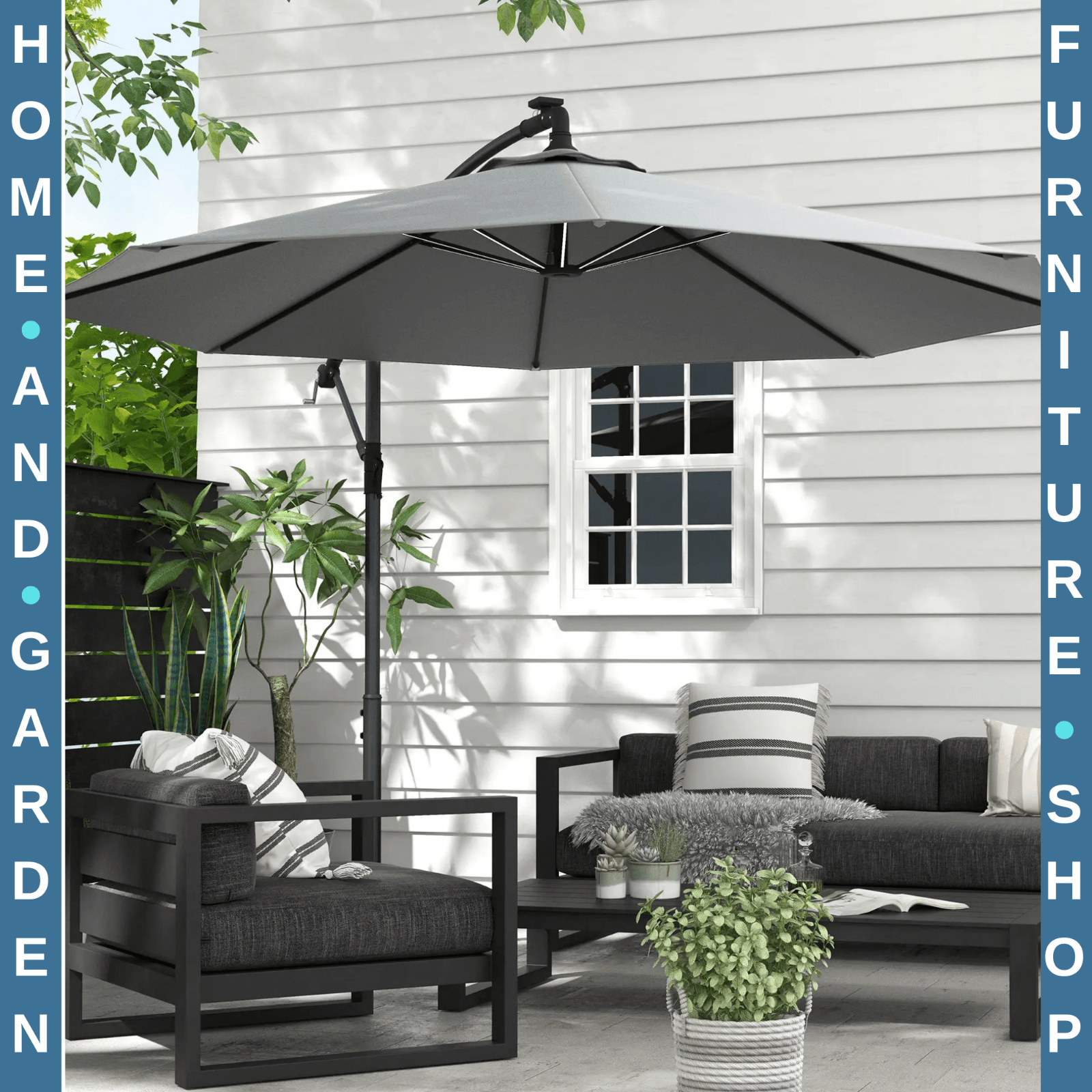 3m Cantilever Parasol with Base Solar LED Lights Crank Handle Garden Umbrella - Home and Garden Furniture Shop - rustic - furniture