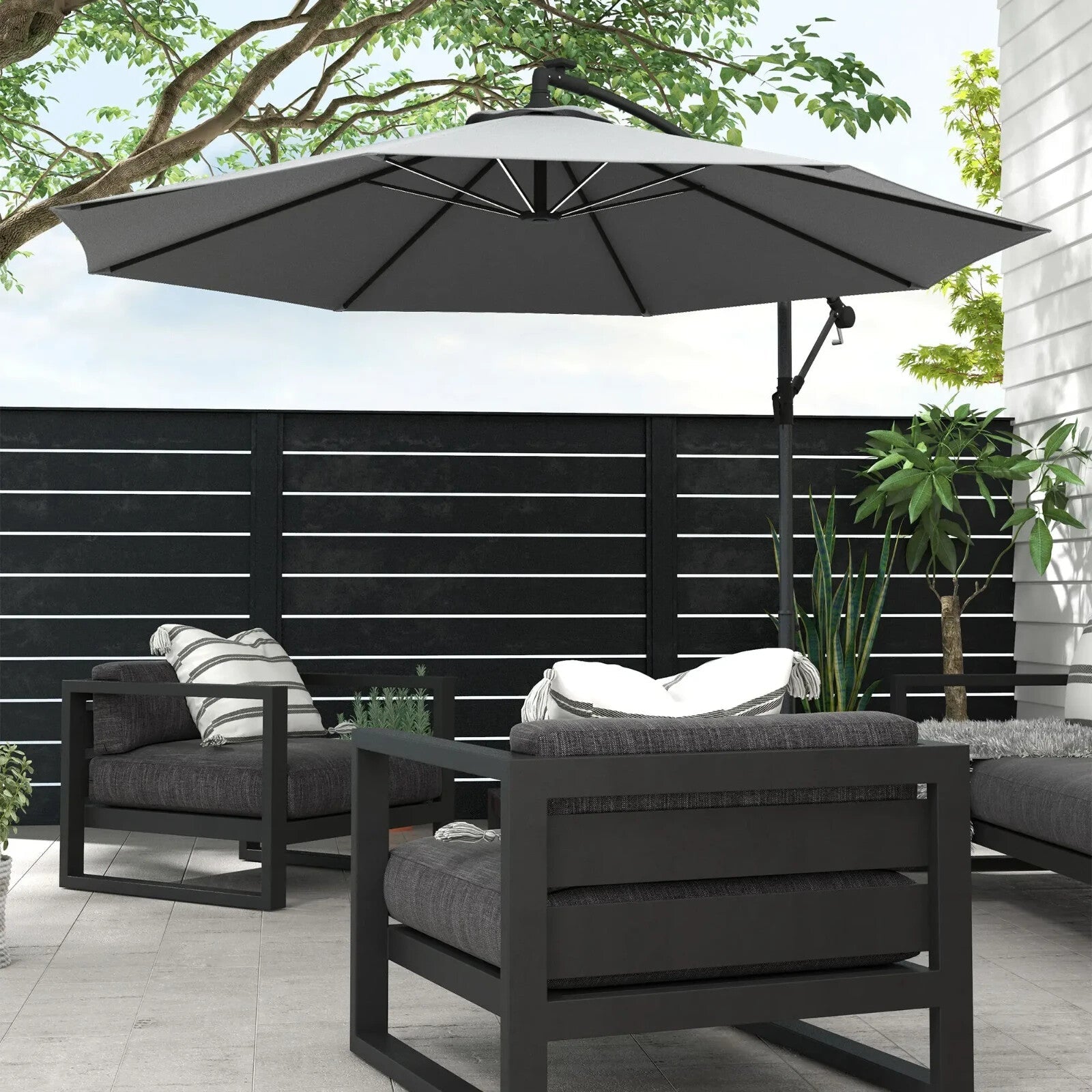 3m Cantilever Parasol with Base Solar LED Lights Crank Handle Garden Umbrella - Home and Garden Furniture Shop - rustic - furniture
