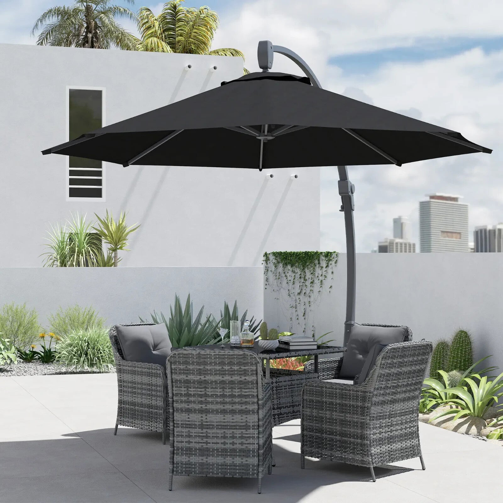 3m Garden Cantilever Parasol Overhanging Umbrella with Crank Handle & Base Black - Home and Garden Furniture Shop - rustic - furniture